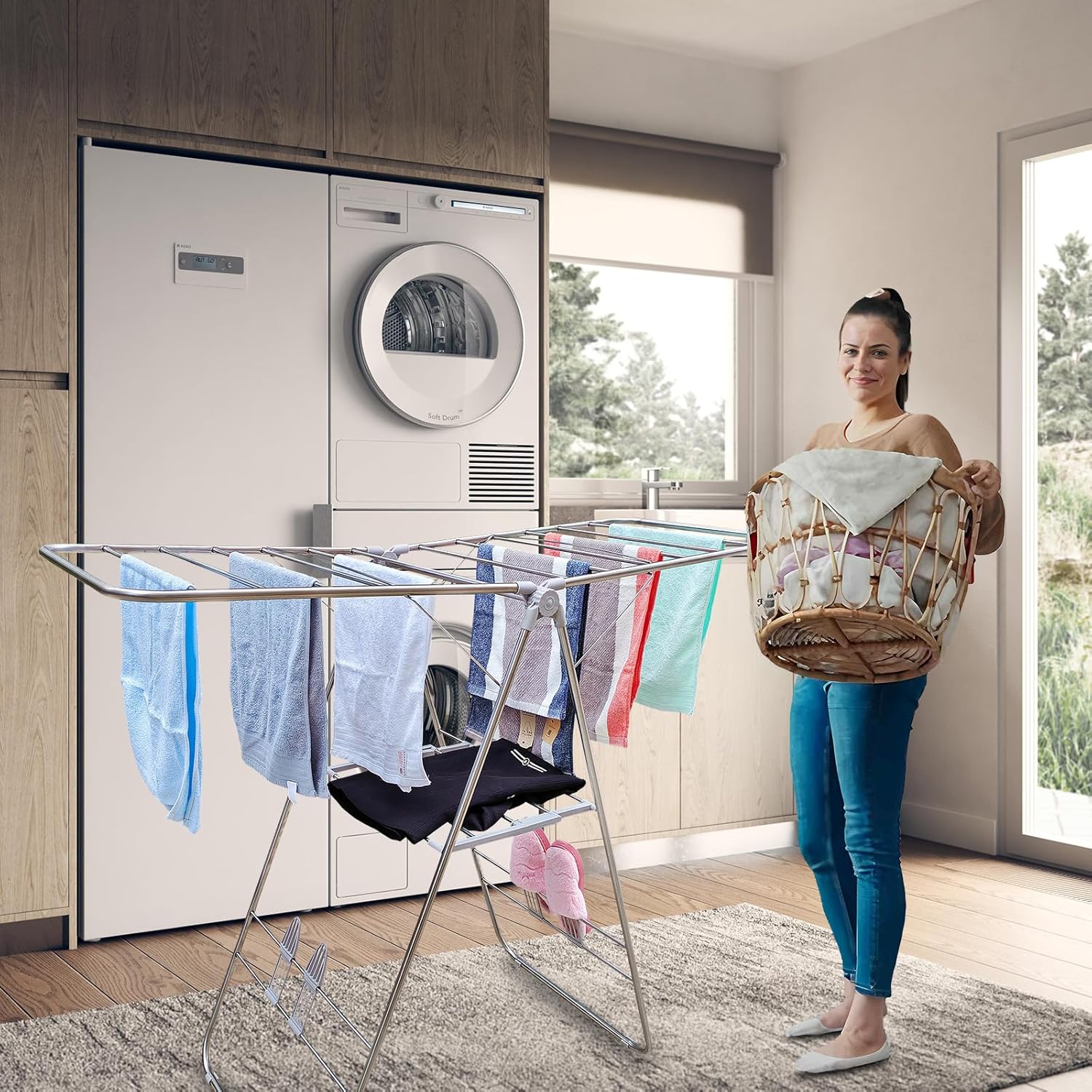 Clothes Drying Rack Foldable -Height Adjustable Laundry Drying Rack Large Space, Winged Laundry Rack with Sock Clips for Hanging Towels Clothes Dress Bedding Indoor Outdoor, Gray