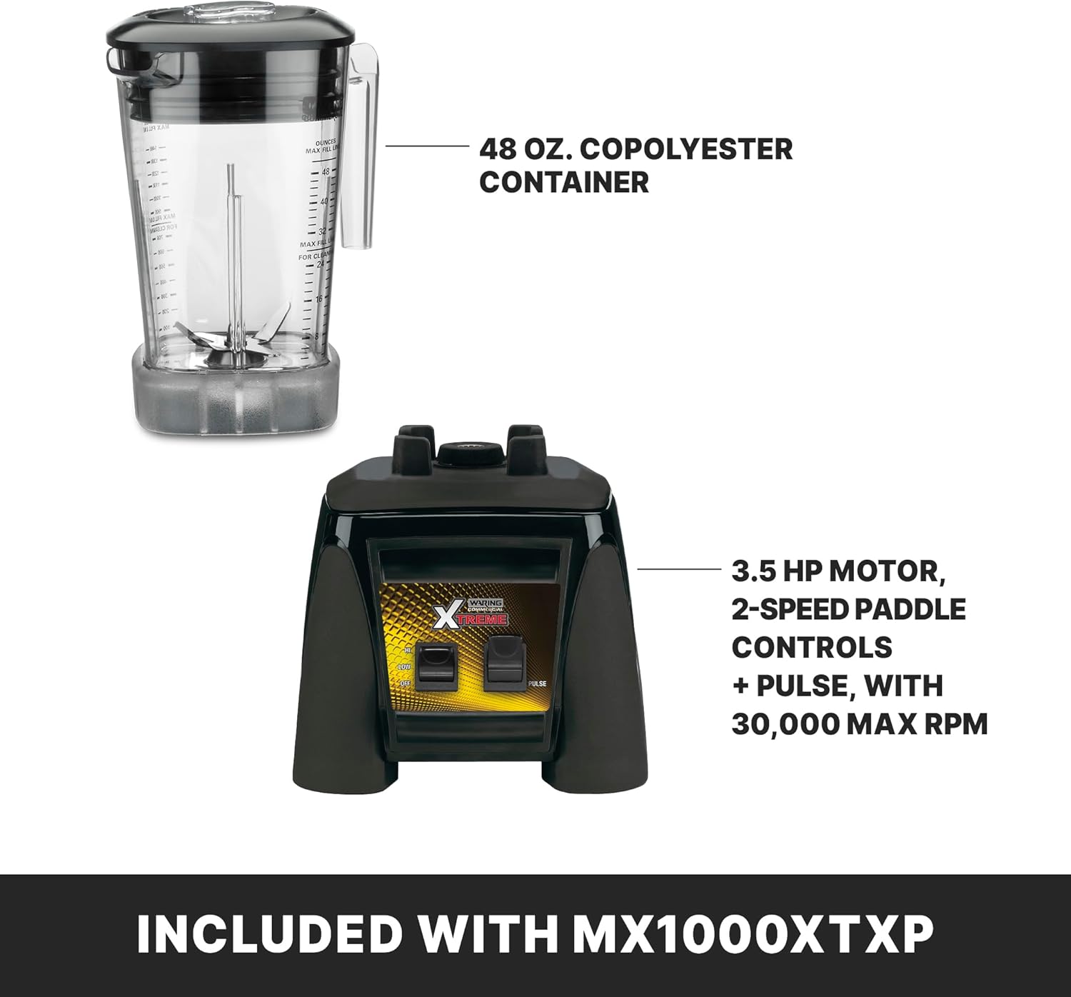 Waring Commercial MX1000XTXP 3.5 HP Blender with Paddle Switches, Pulse Feature and a 48 oz. BPA Free Copolyester Container, 120V, 5-15 Phase Plug