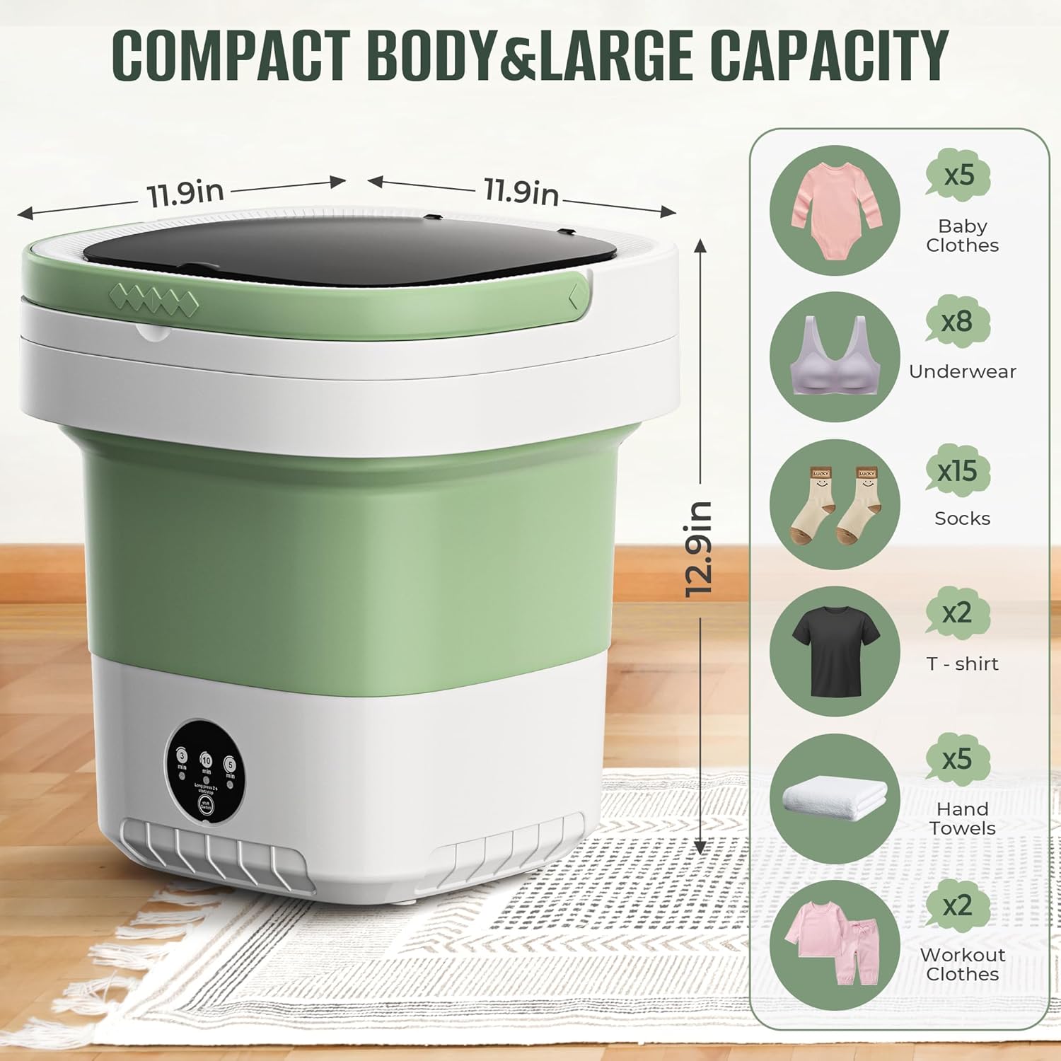 Portable Washing Machine,16L Upgraded Large Capacity Portable Washer With 3 Modes Deep Cleaning.Suitable For Travel, Camping,Apartments, Dormitories, Hotels (Green)
