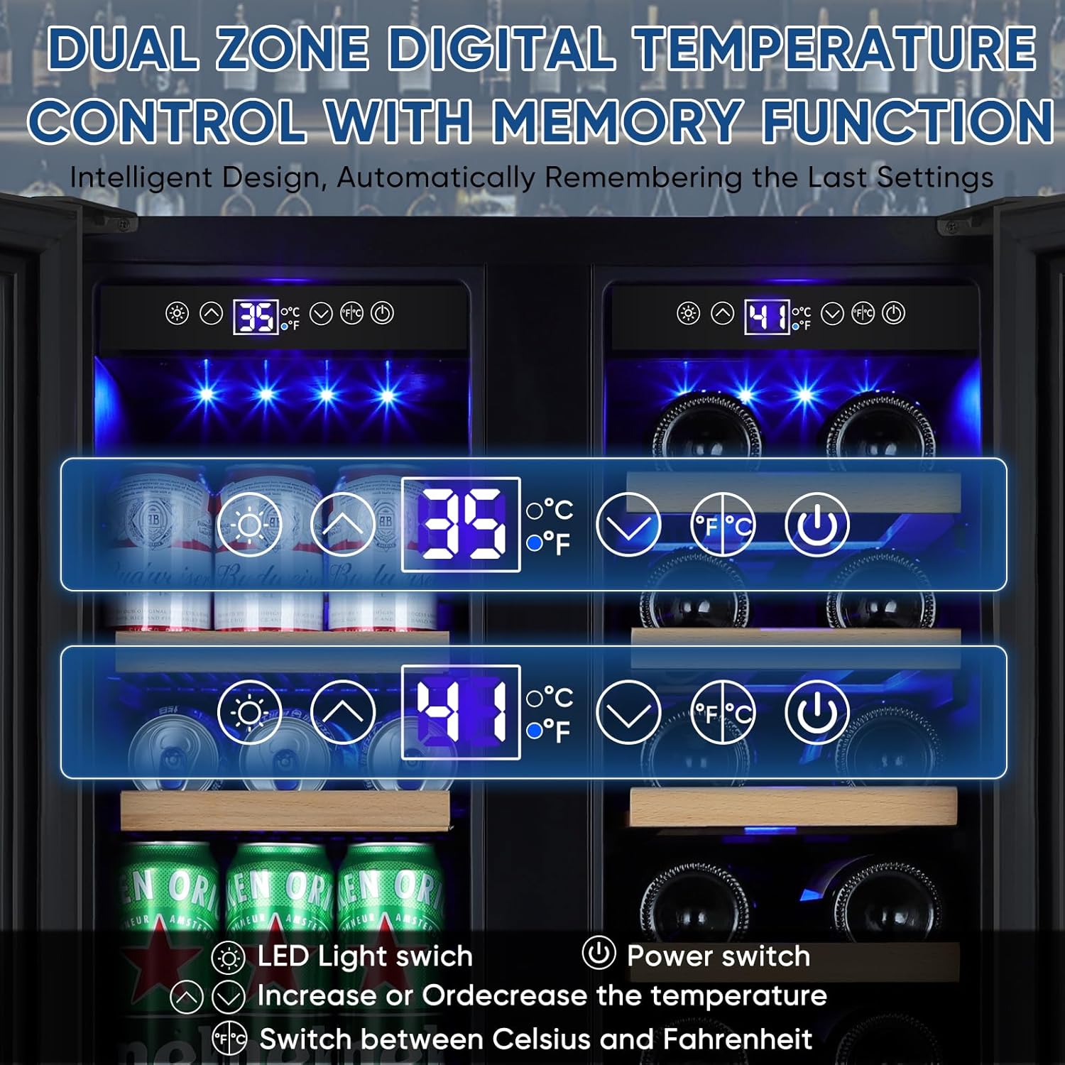 24 Inch Wine Fridge & 24 Inch Wine and Beverage Refrigerator with Upgraded Compressor, Intelligent Temperature Memory, Freestanding or Built-In Dual Zone Wine Cooler Black