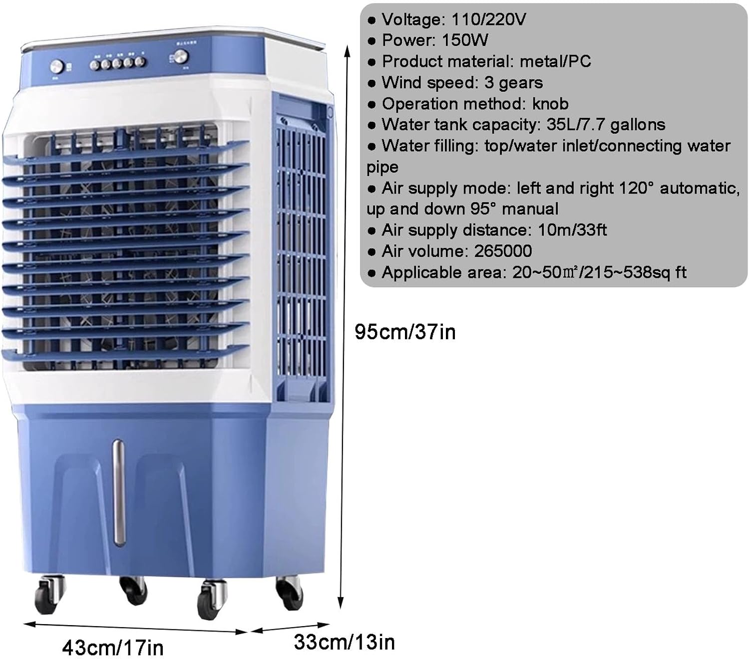 Evaporative Air Cooler, 3 in 1 Swamp Cooler with 4 Ice Crystal Box, Air Conditioner Portable with 3 Speeds, 2 Modes, Knobs for Outdoor, Office, Home(95cm/37in)