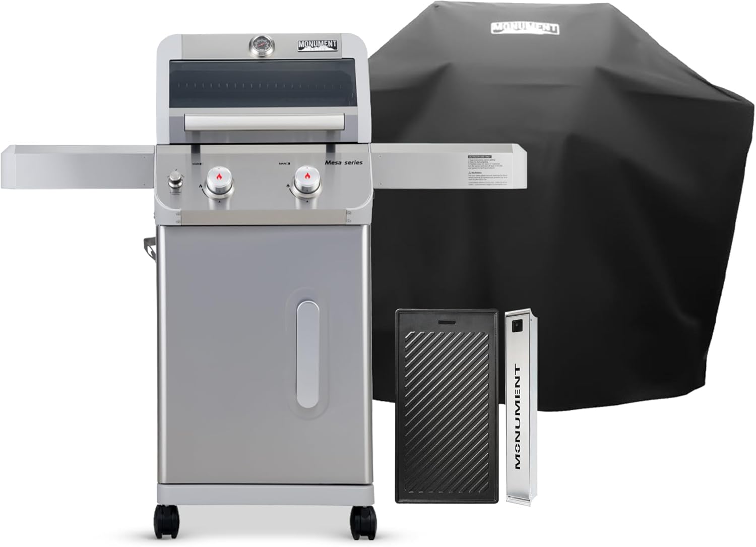 Monument Grills 2-Burner Stainless Steel Propane Gas Grill with Clear View Lid and Two Foldable Shelves, Mesa200S with Accessory Kit(4 items)