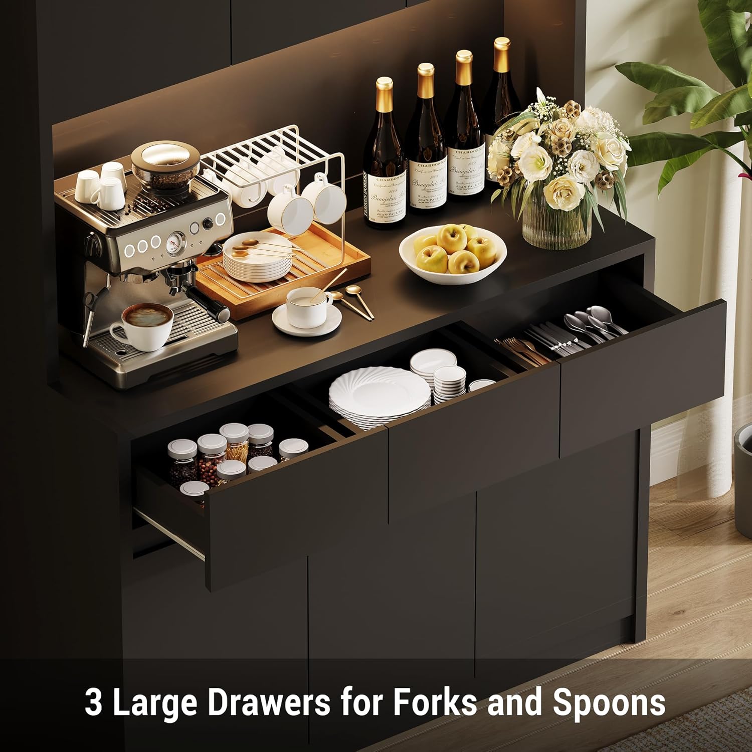 Contemporary Tall Pantry Cabinet with LED Lights & Charging Station - Adjustable Shelves, Drawers, Microwave Countertop - Multipurpose Storage Hutch for Entryway or Living Room, Black