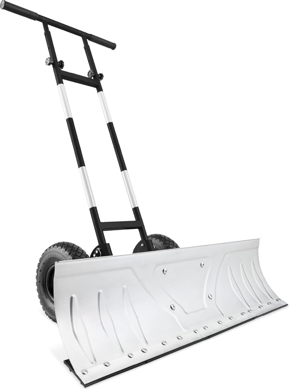 Durable Galvanized Steel Blade Double-Wheel Snow Shovel with Wheels and an Adjustable Handle for Clearing Snow(Silver,XL 48in w/Wheels)
