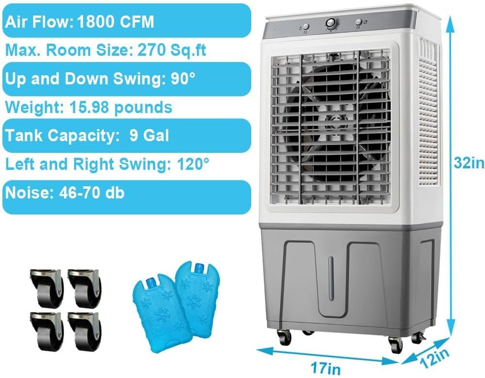 Generic Evaporative Air Cooler Portable, Energy Saved Cooling Fan With 9 Gal Tank, Swamp Cooler With Universal Wheel, Portable Air Conditioner For Bedroom Home Office
