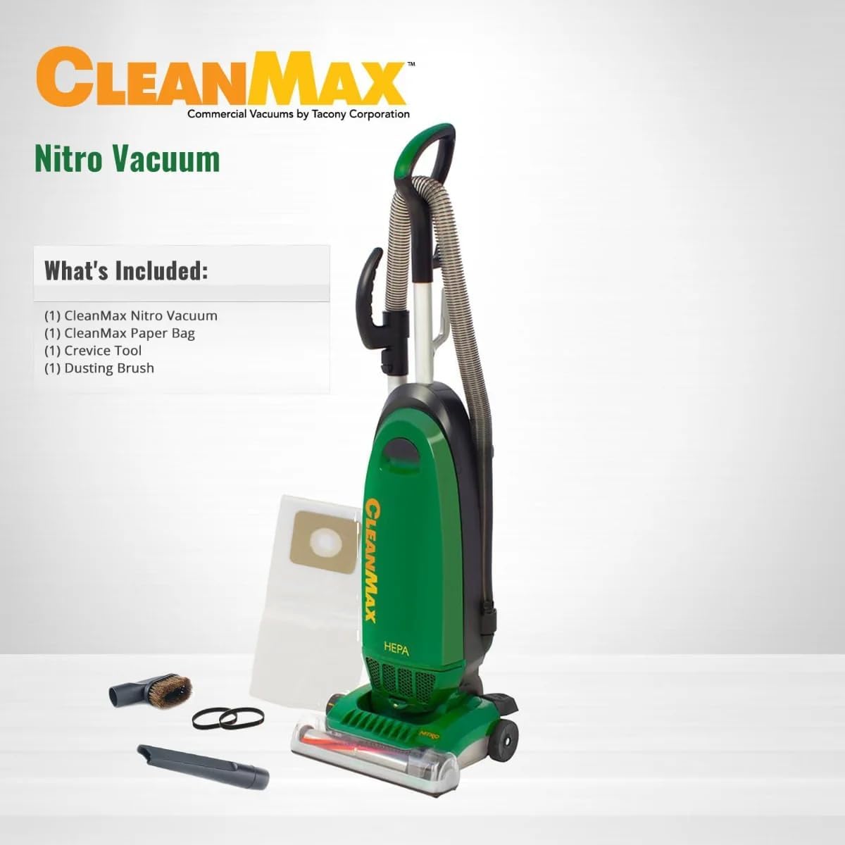TTS Products CleanMax Green Nitro Commercial Upright Vacuum with 6 Replacement Bags – Tools, 40’ Cord, Automatic Height Adjustment, Metal Handle, Commercial Durability