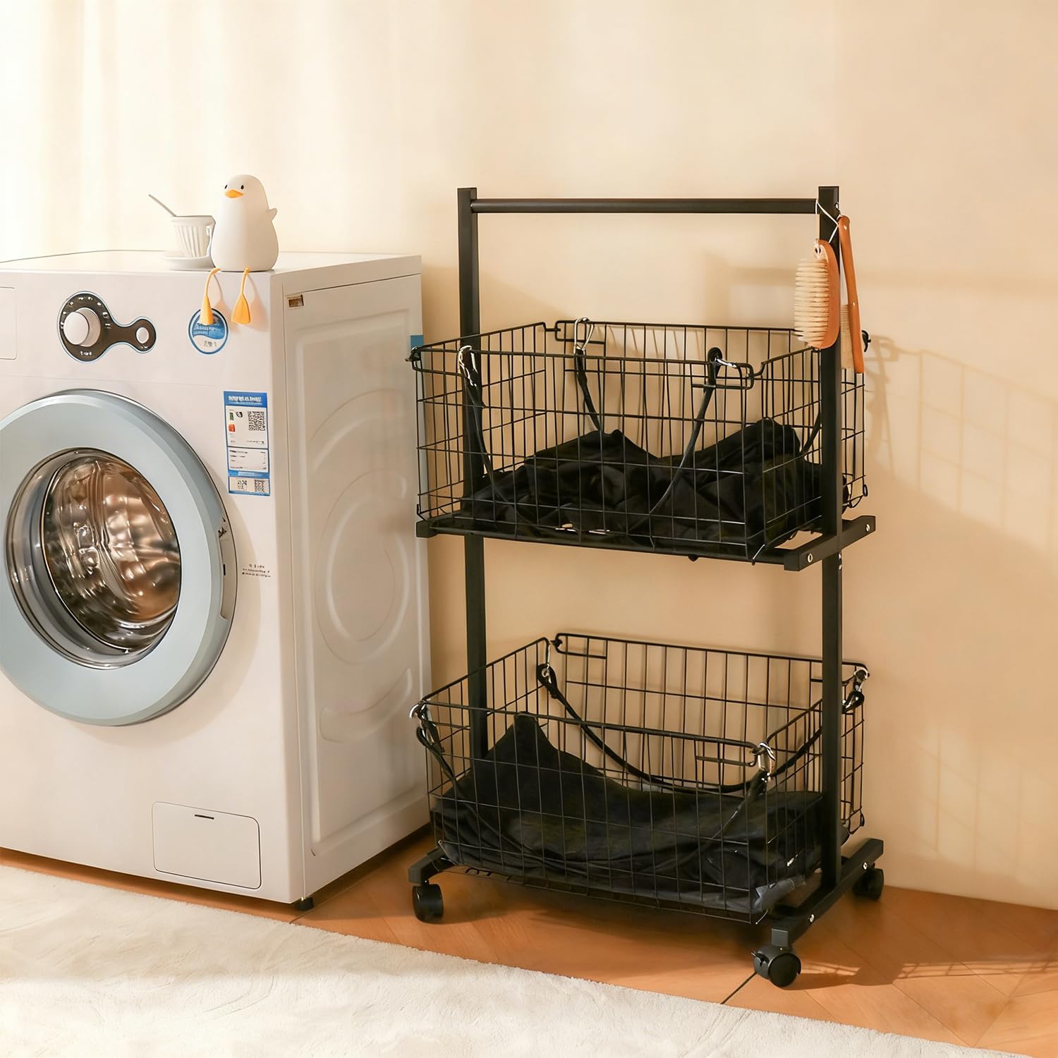 2 Tier Laundry Basket with Wheels & Removable Wire Laundry Cart, Space-Saving Vertical Laundry Sorter Cart on Lockable Wheels, Rolling Hamper Organizer for Laundry Room, Bathroom, Bedroom (Black)