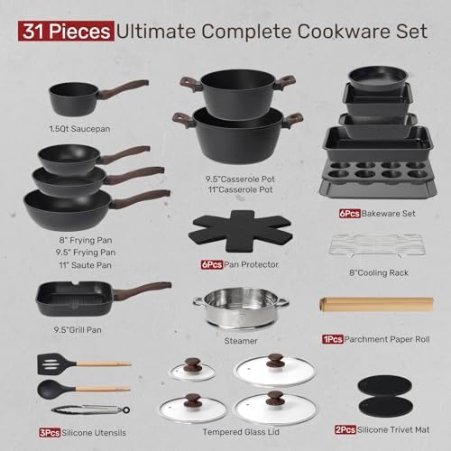 Kikcoin Pots and Pans Set Non Stick 31 Piece Kitchen Nonstick Cooking Cookware Sets with Grill Pan Saucepan Baking Sheet Utensil, Black