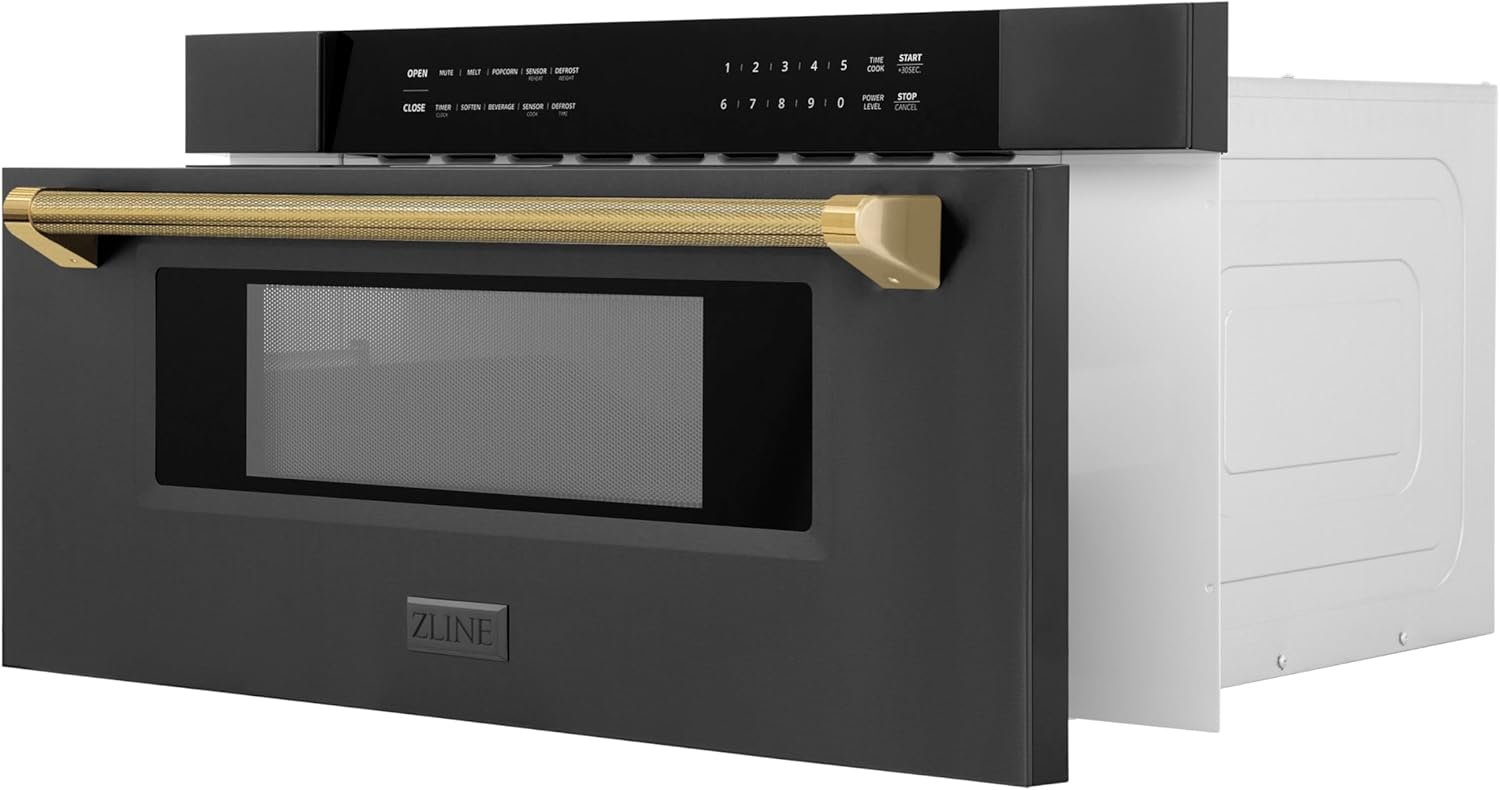 ZLINE Autograph Edition 30 in. 1.2 cu. ft. Built-in Microwave Drawer in Black Stainless Steel and Polished Gold Helix Handle (MWDZ-30-BS-KG)