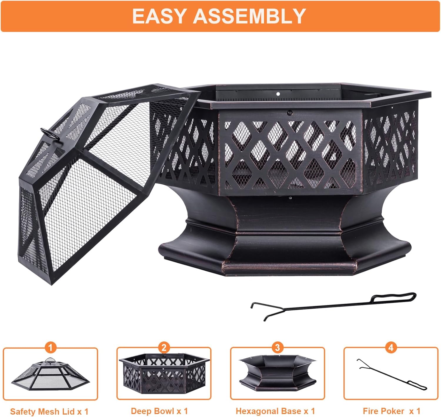 28Inch Outdoor Fire Pit, Hexagon Shaped Wood Burning Firepit for Outside Bonfire, Patio, Backyard and Camping (Antique Bronze)