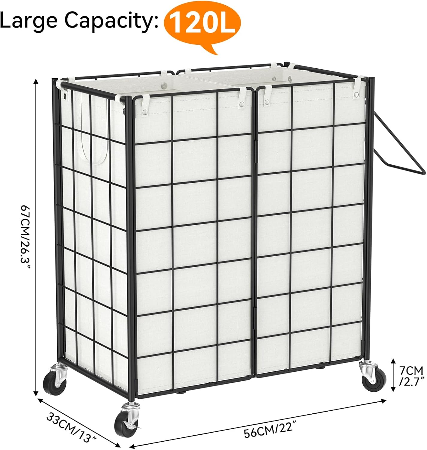WOWLIVE Double Laundry Hamper with Wheels,Metal Wire Frame Rolling Laundry Basket with 2 Removable bags,120L Dirty Clothes Hamper Organizer Dorm Room Storage for Bedroom,Bathroom,Black and White