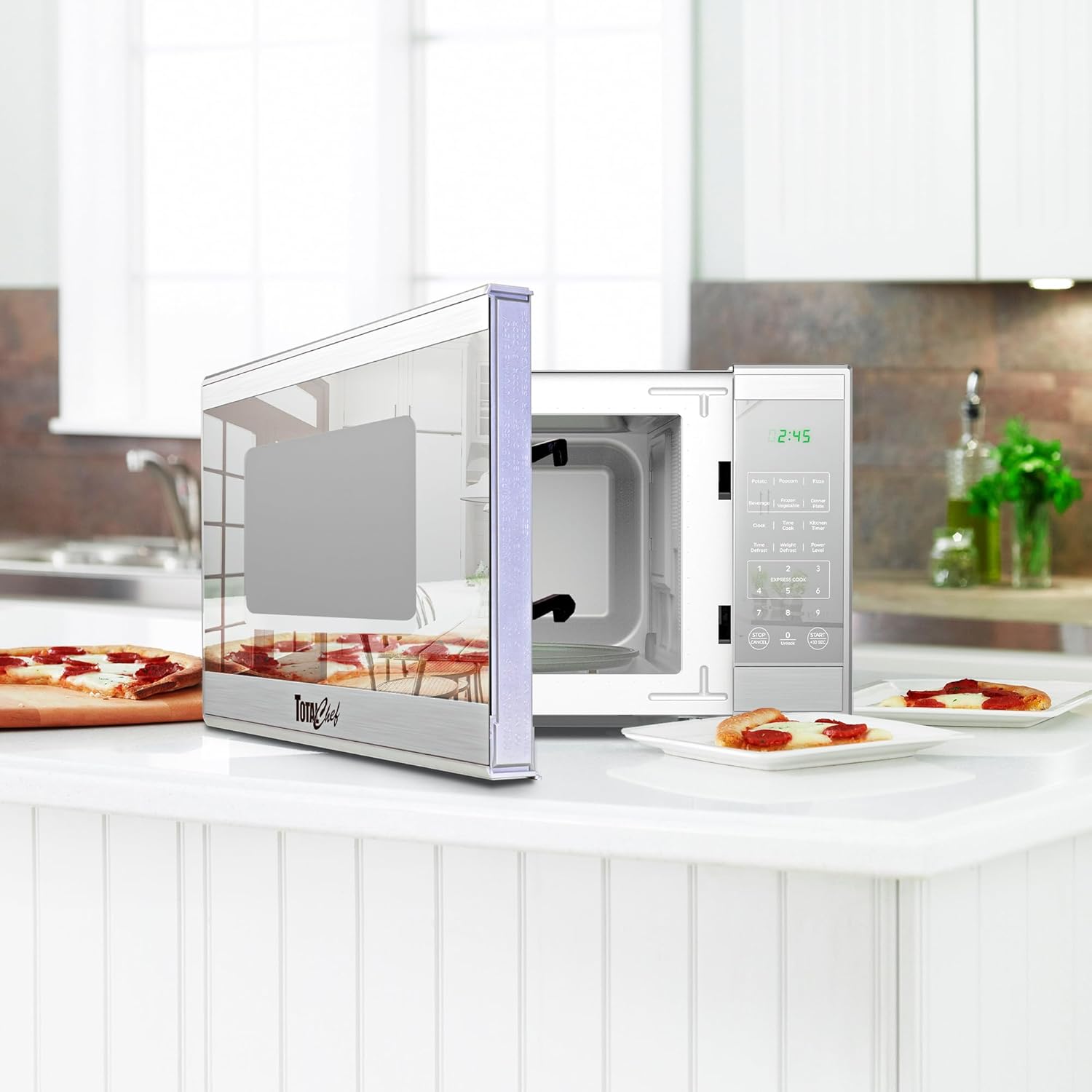 Total Chef 1.3 Cu Ft Microwave Oven – Compact Countertop Kitchen Appliance, Small Stainless Steel Microwave with Digital Touch, Pre-Set Functions, 12.8” Turntable, 1100 Watt