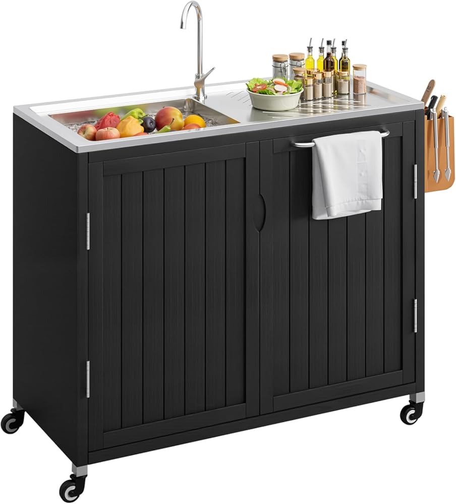 Outdoor Grill Cart with Sink - Solid Wood & 304 Stainless Steel Top, Freestanding Movable Kitchen Island Cabinet with Wheels, Outdoor Kitchen Sink Station ，L39.3 xW19.6