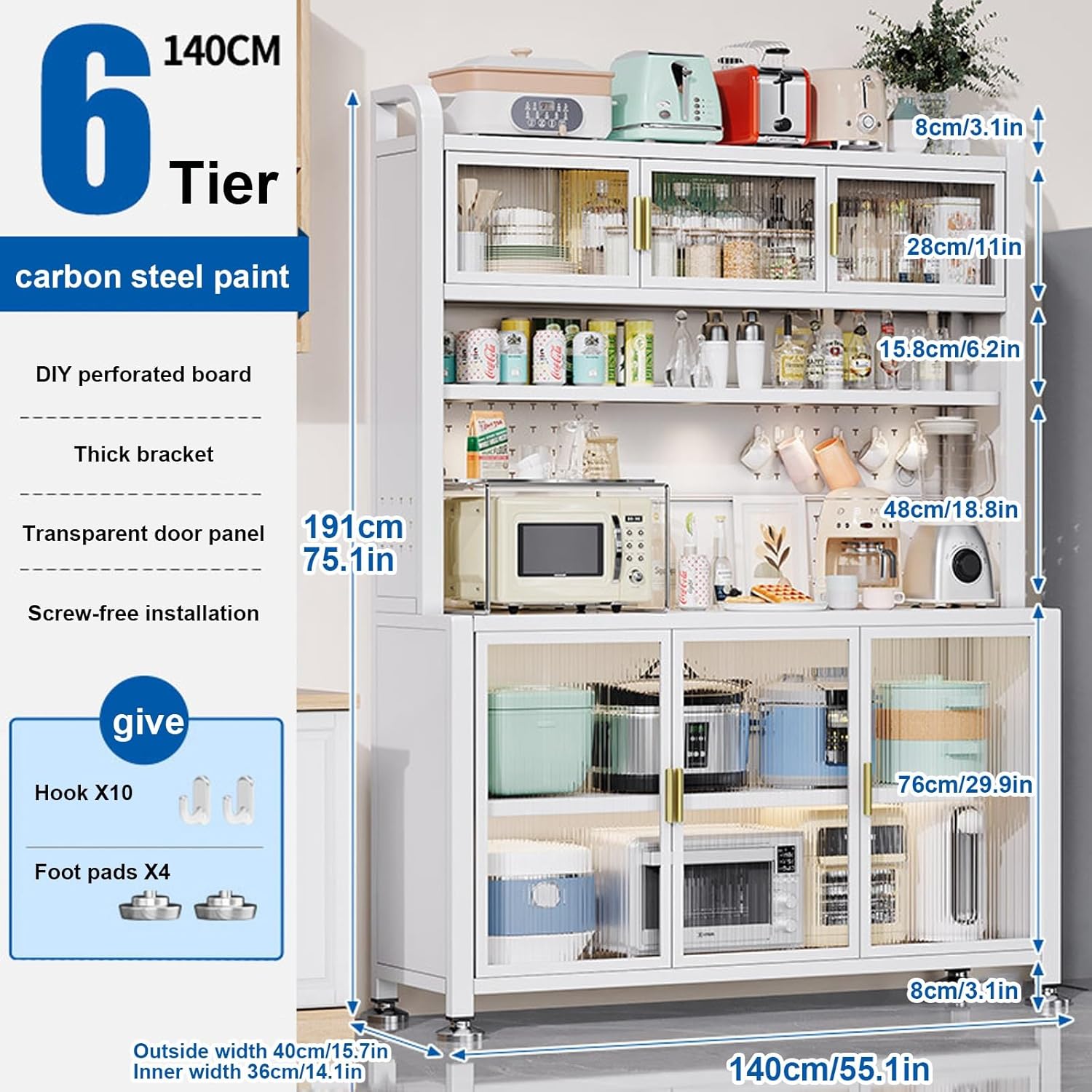 Microwave Storage Stand,Kitchen Small Appliance Cabinet Storage, 6 Tier Free Standing Microwave Stand Metal Shelves, Bakers Rack Metal for Kitchen Spices, Dishes, Pots, Pans (Color : White,