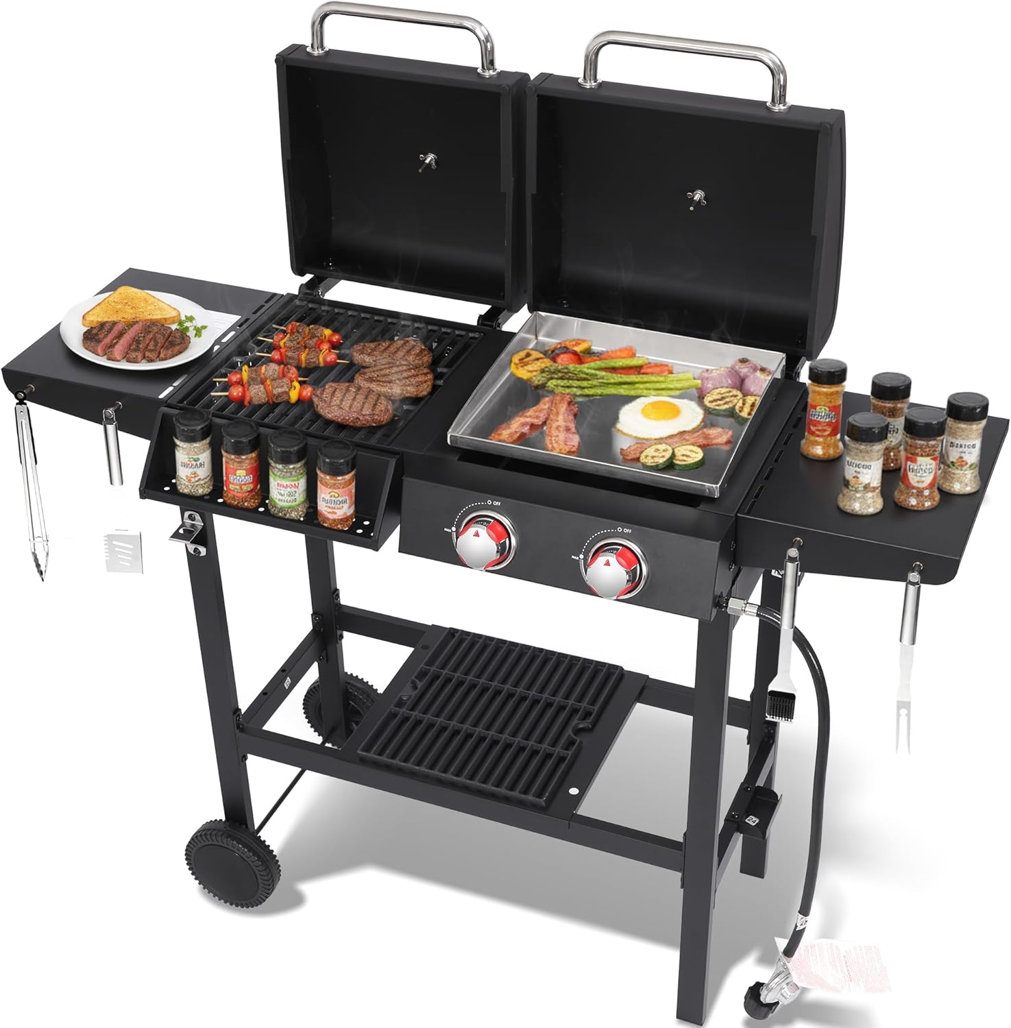 Charcoal and 2-Burner Propane Gas Combo Grill with Stainless Steel Griddle & Porcelain-enameled Cast Iron Grates, Dual Fuel BBQ Combo Grill for Outdoor Cooking