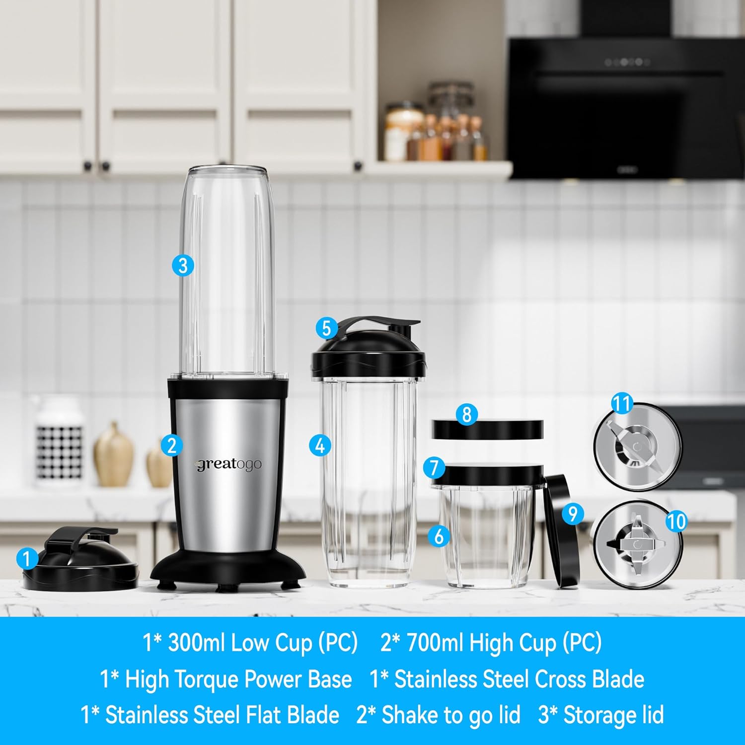 Personal Blender Smoothies Shakes, Greatogo 350W 2-IN-1 Bullet Grinder, 11 Set including 2pk 24oz 1pk 10oz Grinding Cup, 2pk Stainless-Steel Blades, Tritan BPA-Free Dishwasher-Safe