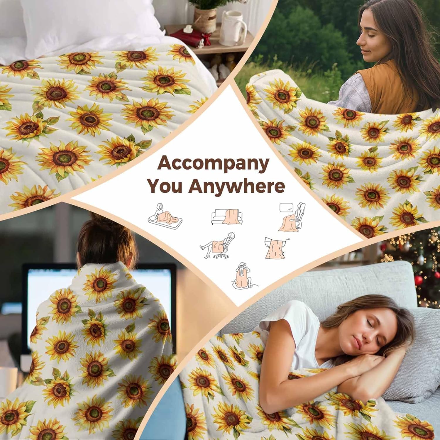 Beige Sunflowers Fall Flannel Fleece Throw Blanket, Thanksgiving Botanical Floral Microfiber Soft Fleece Blankets for All Season, Decorative Cozy Fluffy Plush for Household, Office, 30