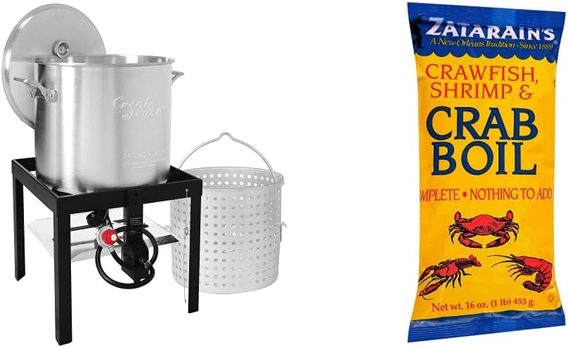 Creole Feast SBK1001 Seafood Boiling Kit with Strainer, Outdoor Aluminum Propane Gas Boiler with 10 PSI Regulator, Silver & Zatarain's Crawfish, Shrimp & Crab Boil, 16 oz