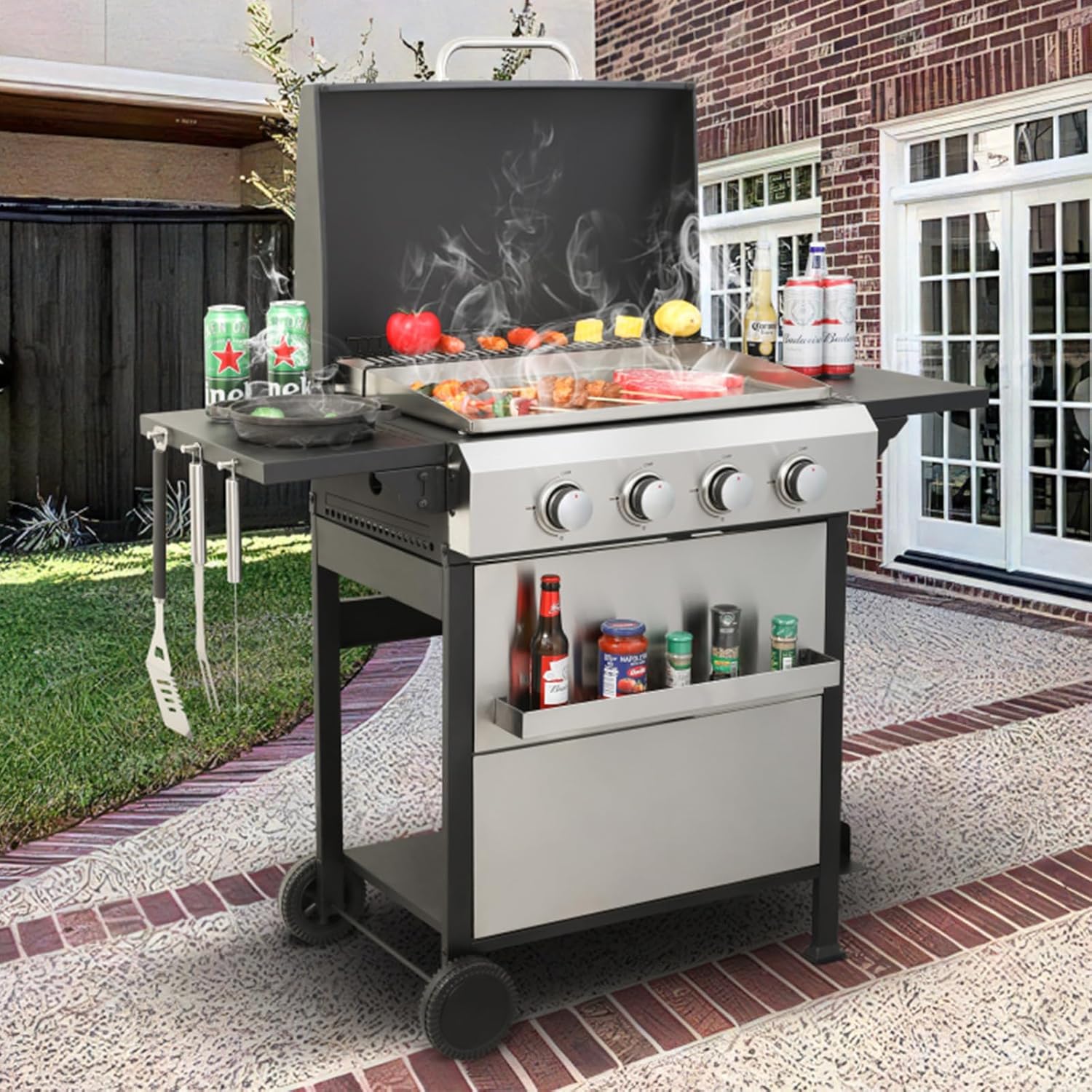 4 Burners Gas Grill with Side Burner, Propane Grill with Wheels and Storage, Outdoor Gas BBQ with Oil Tray and Thermometer for Patio and Party, 34200BTU