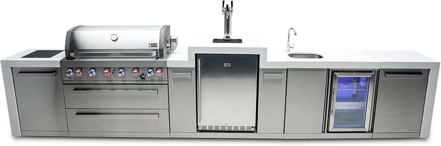 Mont Alpi MAi805-DKEGBEV 44-inch 6-Burner 115000 BTU Deluxe Stainless Steel Island Outdoor Kitchen Bar Gas Barbecue Island Grill with Wine Cooler Beverage Center Refrigerator + 3 Beer Tap Kegerator
