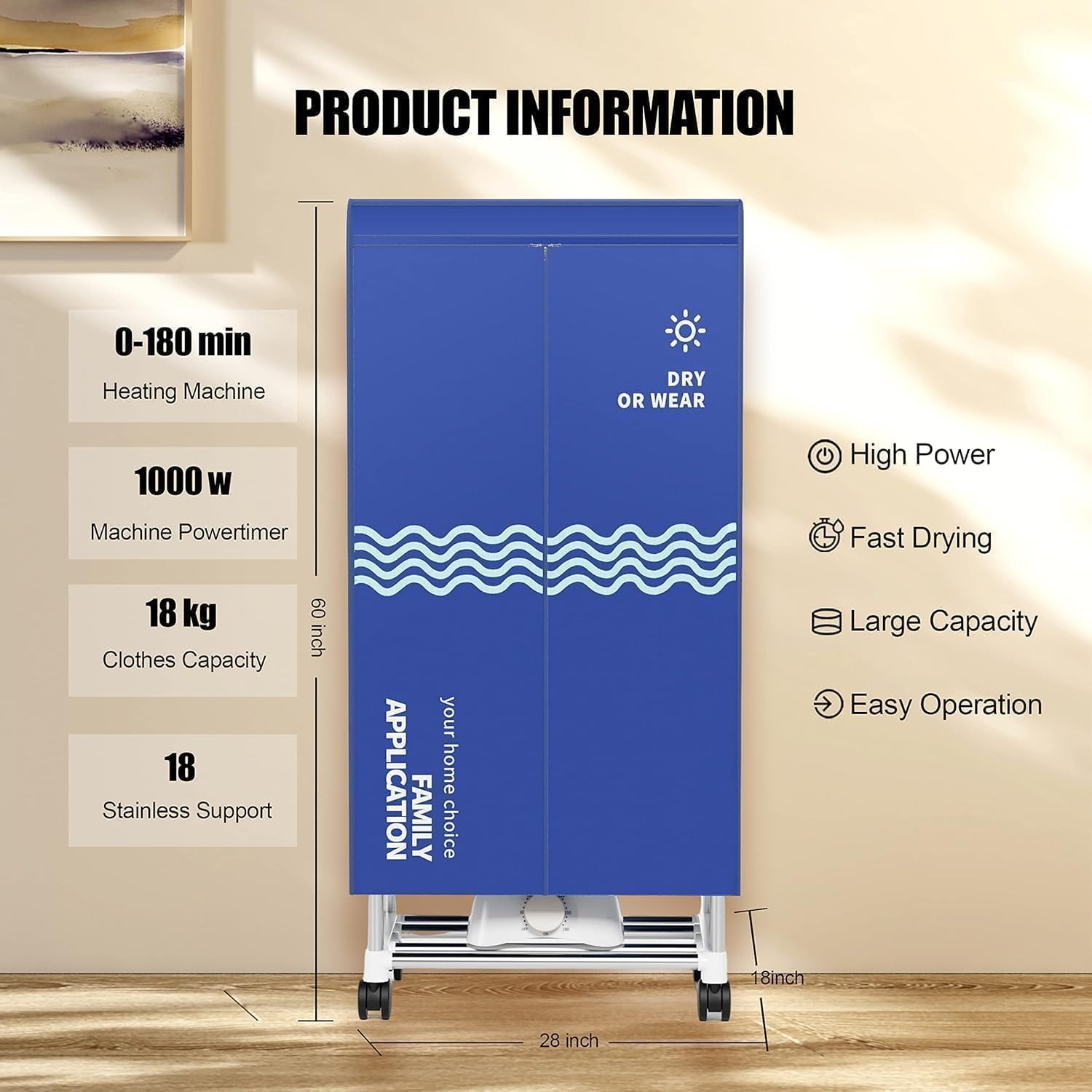 Clothes Dryer, Portable Drying Machine with Timer, 60inch Laundry Drying Wardrobe with Large Capacity, Electric Dryer/Rack for Home | Appartments (Blue ZU1)