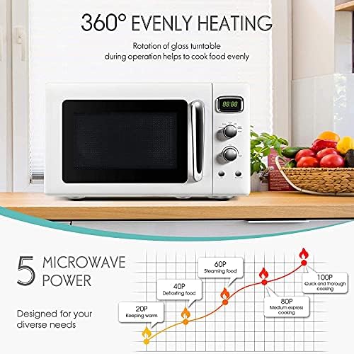 Moccha Large 0.9Cu.ft Countertop Microwave Oven, 900-Watt Retro Microwave w/Child Safety Lock, Defrost & Auto Cooking Function, LED Display, Glass Turntable (White)