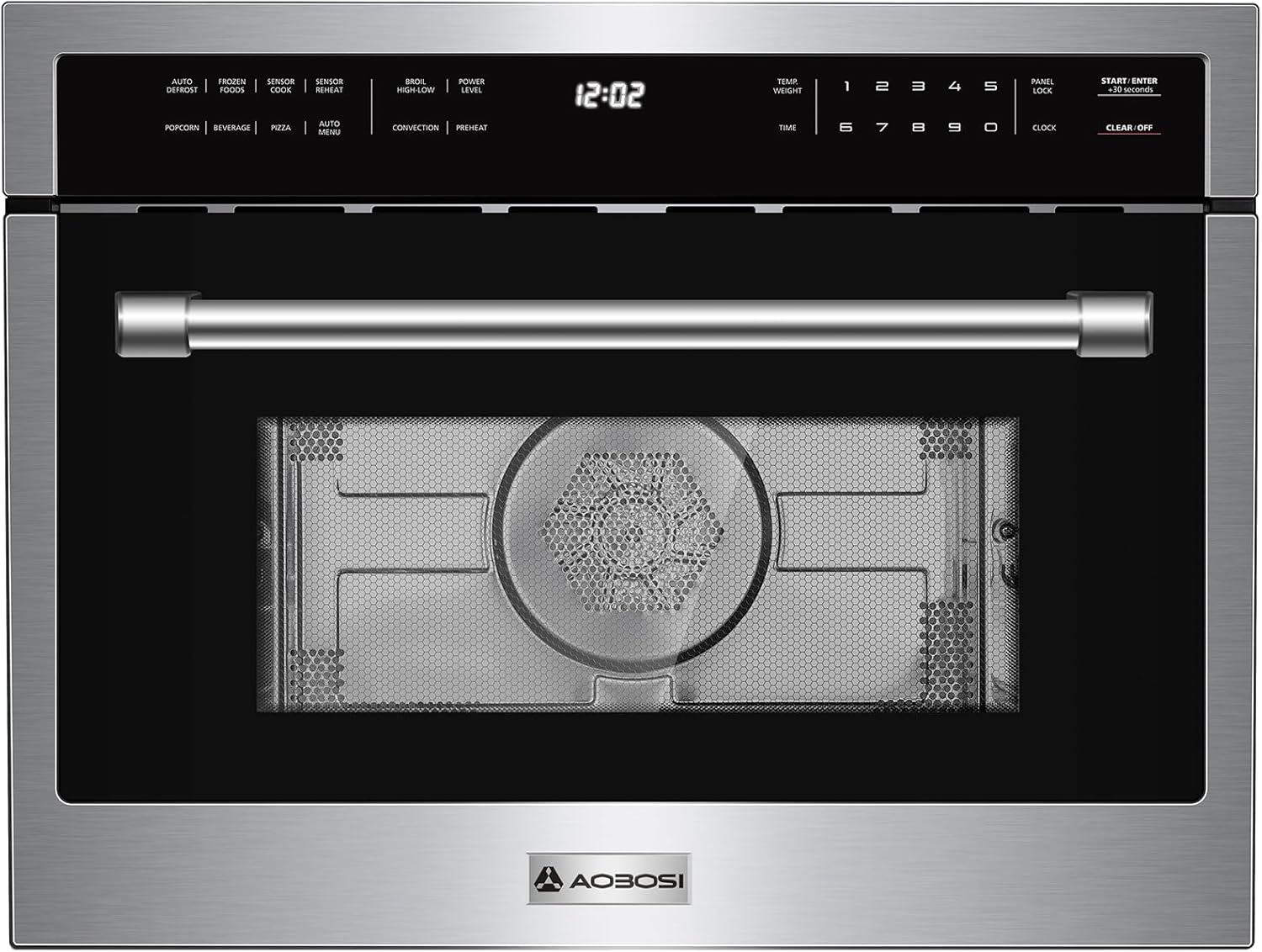 AAOBOSI 24 Inch Built in Microwave Convection Oven,1.6 Cu.Ft Wall Microwave Ovens Air Fryer Combos(upgraded), 1000Watt Power Sensor&Auto Cook, 12 Cooking Modes, Drop Down Door,Stainless Steel