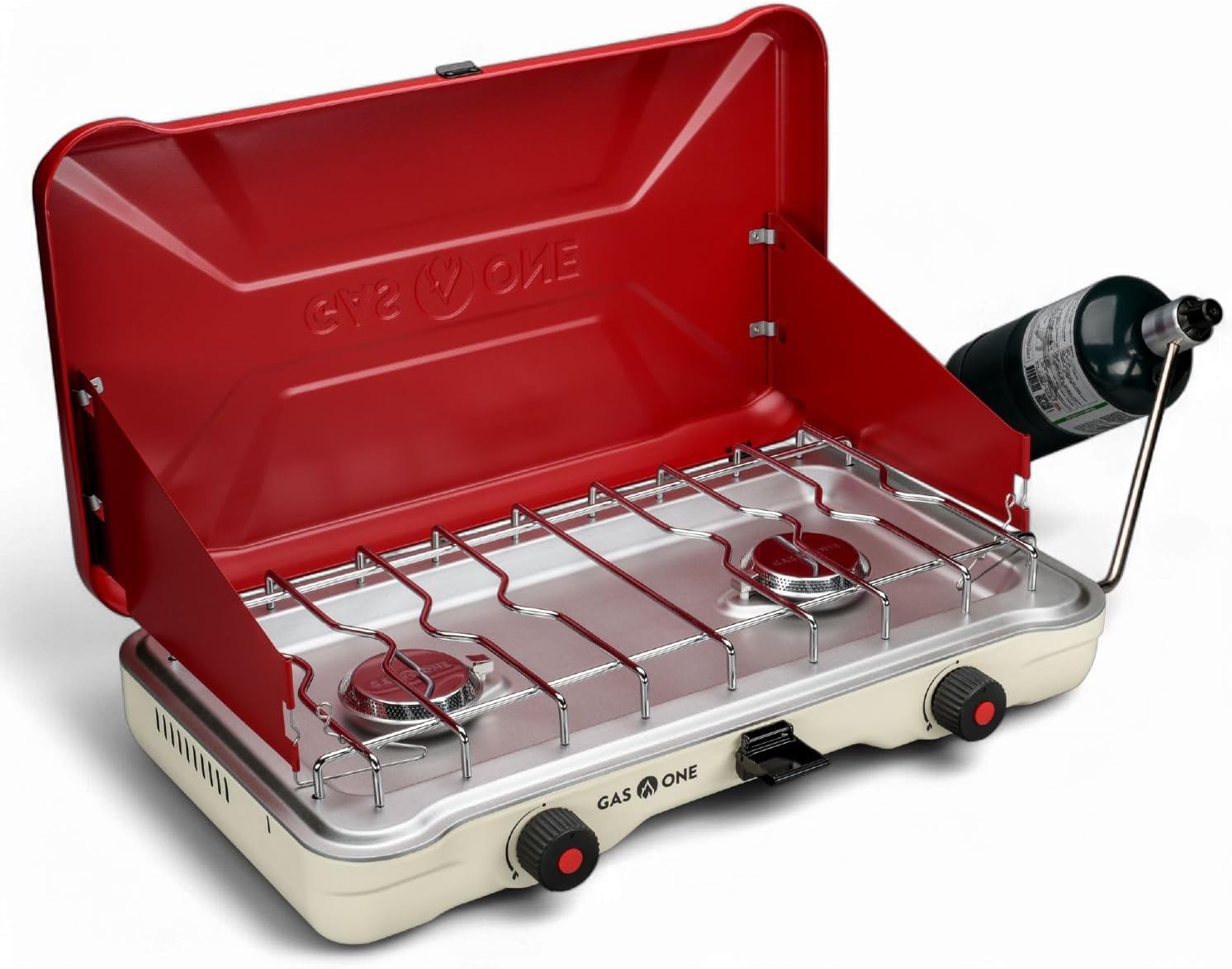 GasOne PS-2500RWA Portable Camping Stove – Double Propane Stove with Auto Twist Turn Ignition – 22,000 BTU Camping Cooktop with 2 Burners and Wind Guard – Ideal for Tailgating, Fishing, Travel, Red