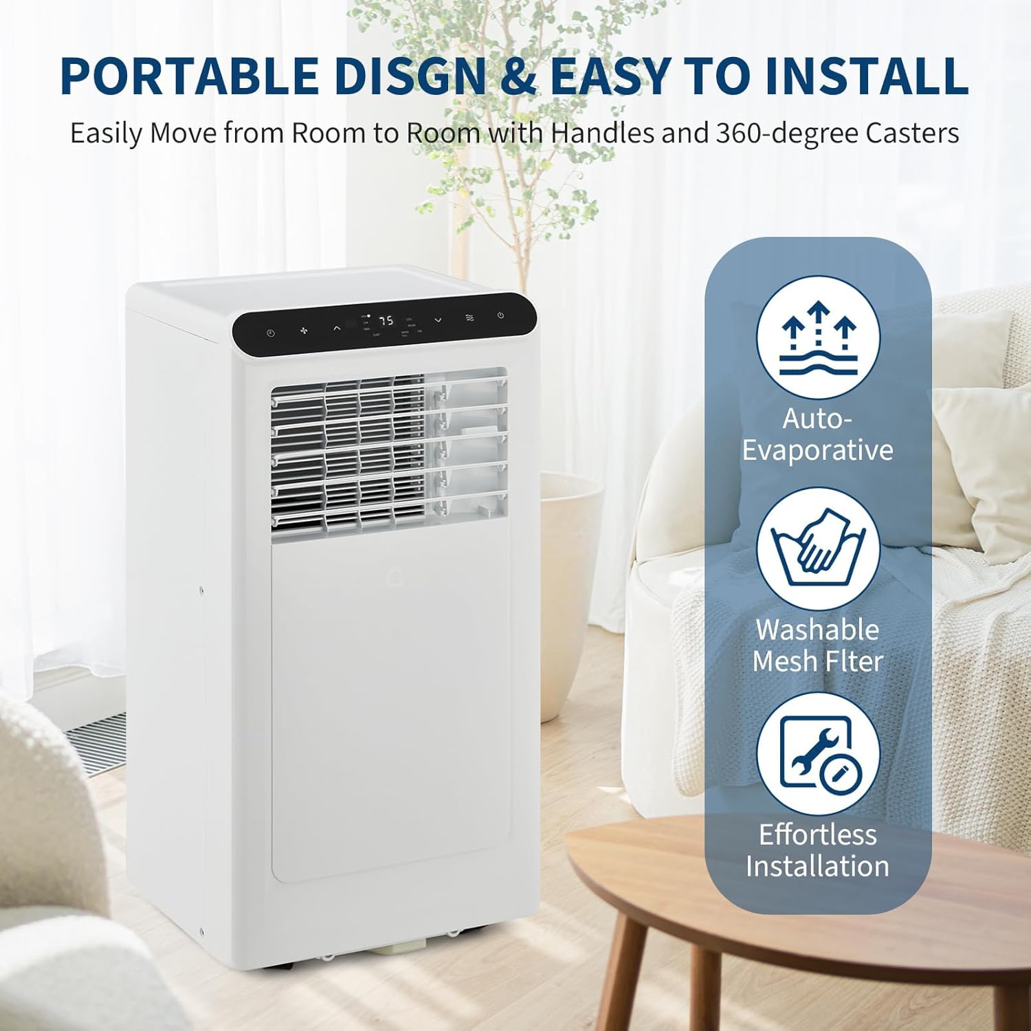8,000 BTU Portable Air Conditioners, 3-in-1 Portable AC Unit Cools Up to 350 Sq.Ft, Quiet Air Conditioner with Fast Cooling/Energy Saving/Remote Control/24Hrs Timer for Bedroom, Office, Apartments, Wh