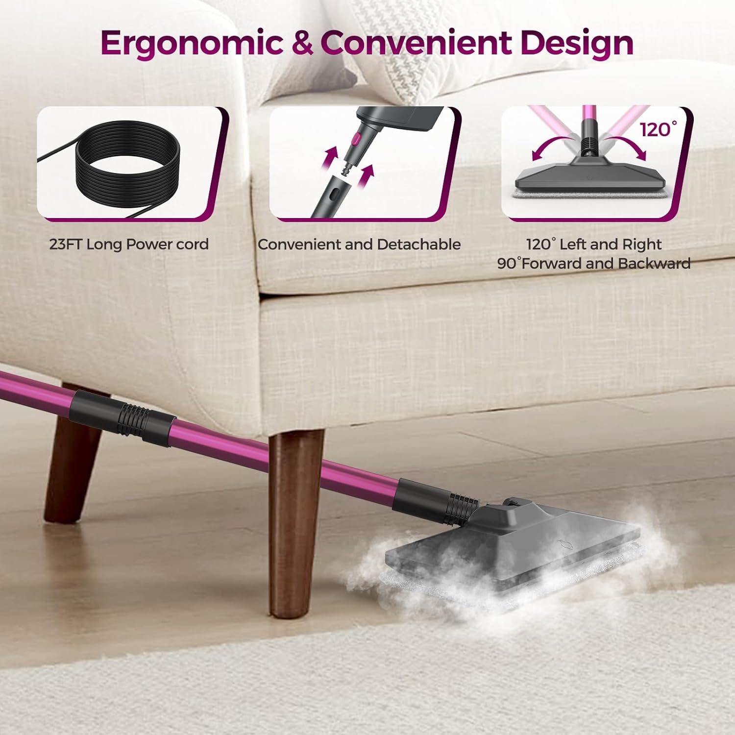 12-in-1 Steam Mop, Steam Cleaner Detachable, Extendable Hose, 23FT Power Cord, 440ml Removable Tank, 260°F Floor Steamer, 3-Level Control, Multi-Purpose for Hardwood, Tile, Grout, Windows, Kitchen