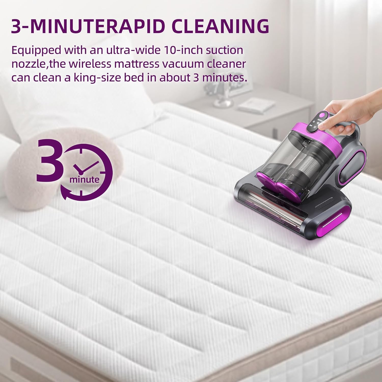 Mattress Vacuum Cordless with 16Kpa Suction & HEPA Dust Cups, 253.7nm UV-C Light & Ultrasonic, Low Noise Widened Suction Port Handheld Vacuum for Bed Pillows Couch Car Seat Rugs, Gray Purple