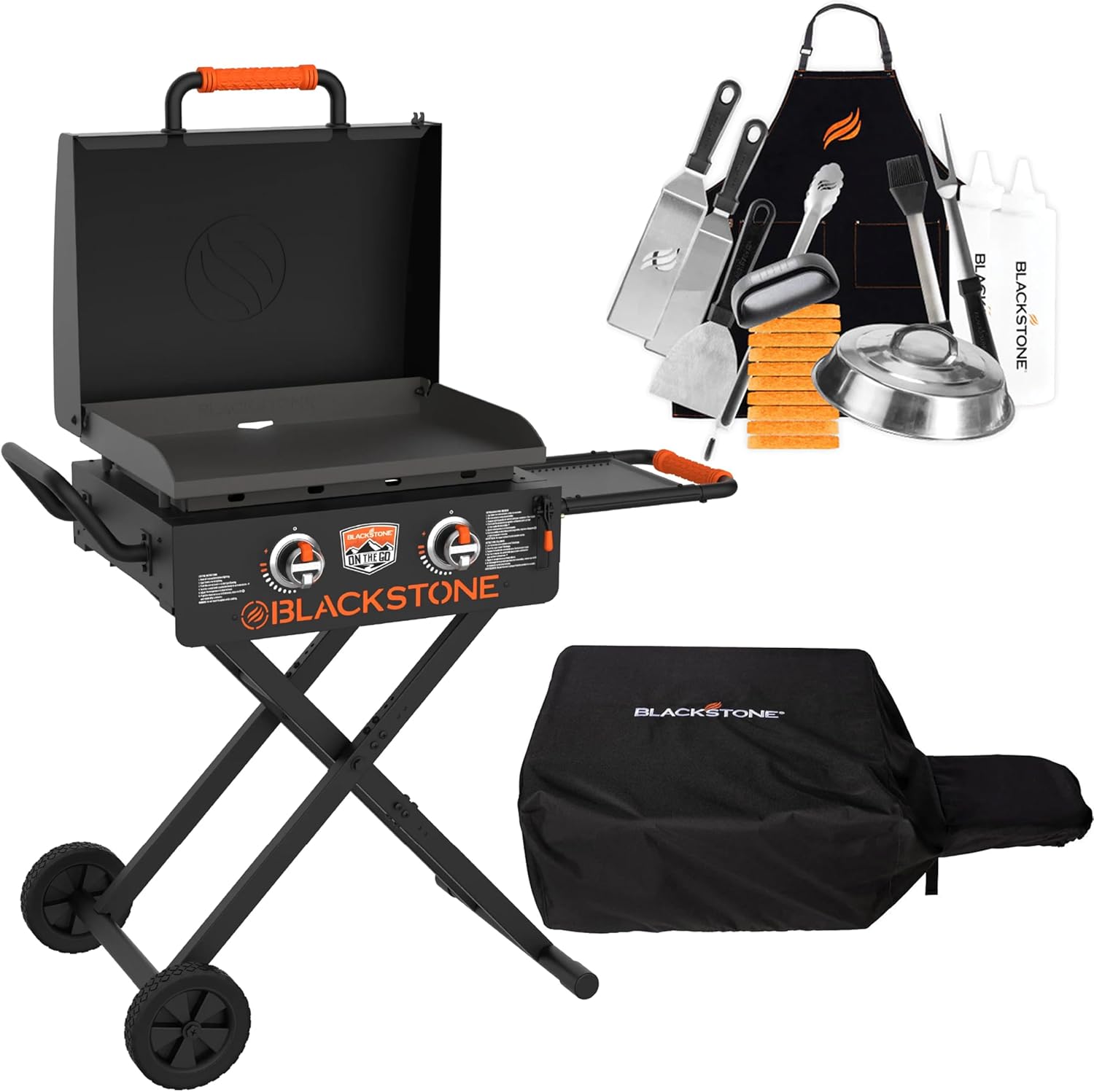 Blackstone 22 Inch Griddle 2350 Portable Blackstone Omnivore Grill with Flexfold Legs, with 22 Inch Blackstone Griddle Cover 5608 for On The Go Flexfold Griddle, and Blackstone Accessories
