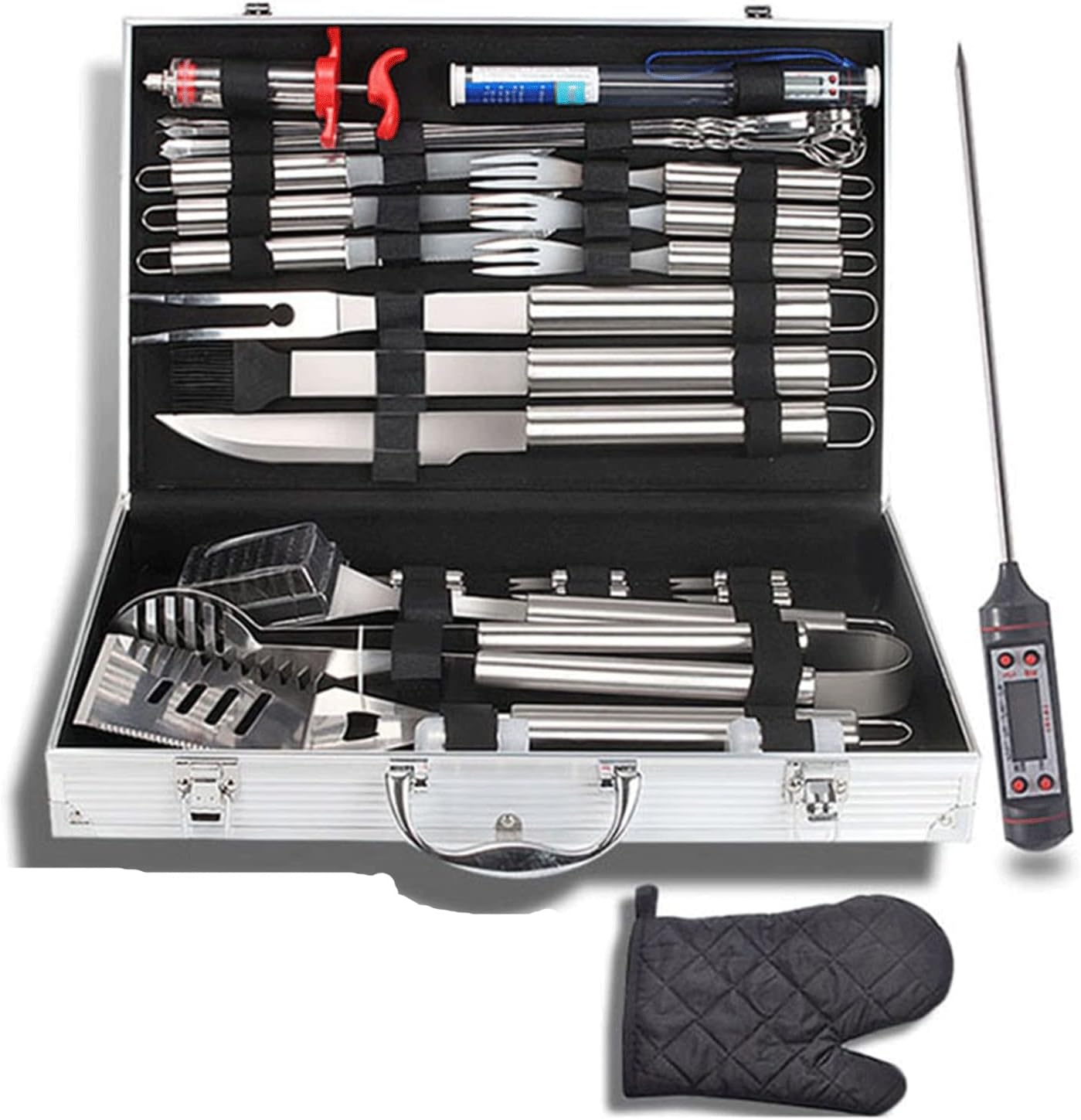 BBQ Grill Tools Set, Stainless Steel BBQ Accessories Tool Set with Meat Thermometer and Injector, BBQ Utensils Set for Foodies, Barbecue Fans, Cooks, Camping Lovers