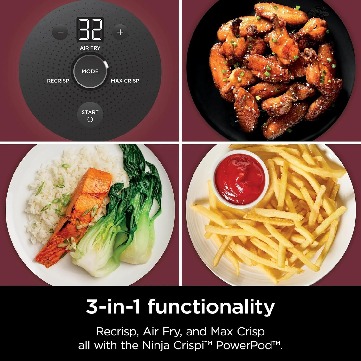 Ninja FN100RD Crispi Air Fryer, Microwave, Freezer & Dishwasher Safe, Non Toxic Glass Portable Cooking System, 4 QT & 5 Cup Glass Containers with Storage Lids, Easy Meals, Cherry (Renewed)