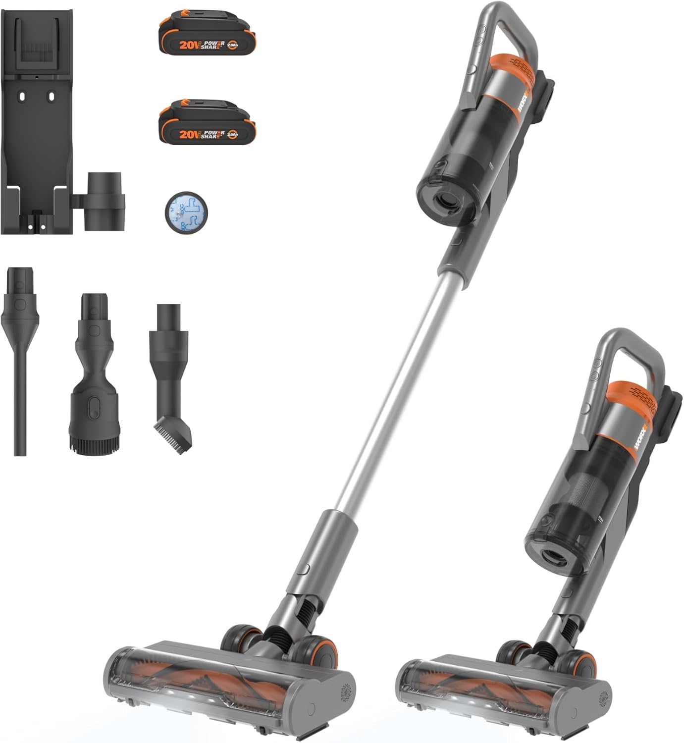 WORX 20V Cordless Stick Vacuum, Powerful Cordless Vacuum Cleaner 25Kpa High Suction for Pet Hair, Lightweight Handheld Vacuum Cleans Floors Carpet Car – 2 Batteries & Wall-Mount Charger Included