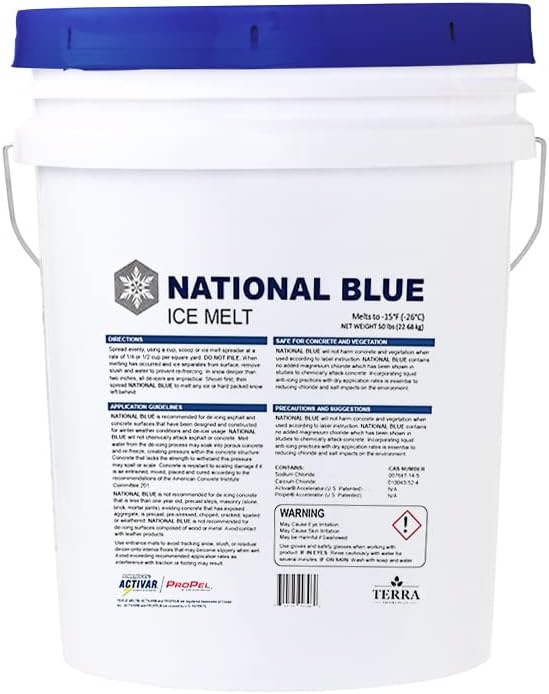 National Blue Snow Salt Ice Melt 50lb Bucket - Fast Acting Ice Melter - Pet, Plant and Concrete Friendly, Environmentally Safe - Free of Magnesium Chloride - Melts to -15°F