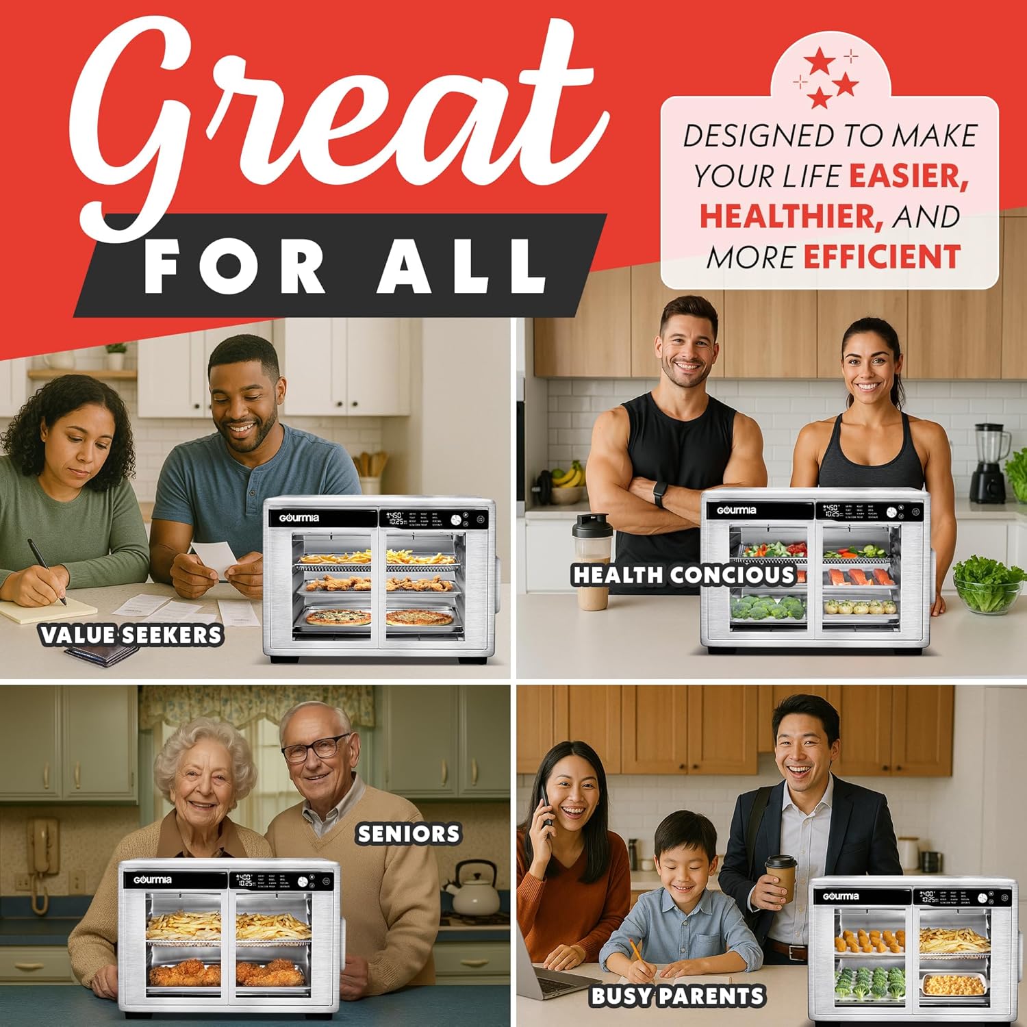 Gourmia French Door Air Fryer Oven - 37 Qt Large Capacity Convection Toaster Oven, FryForce 360°, Digital Display, 12 Cooking Presets, Dehydrate, Fits 13” Pizza, Dishwasher-Safe, Stainless Steel