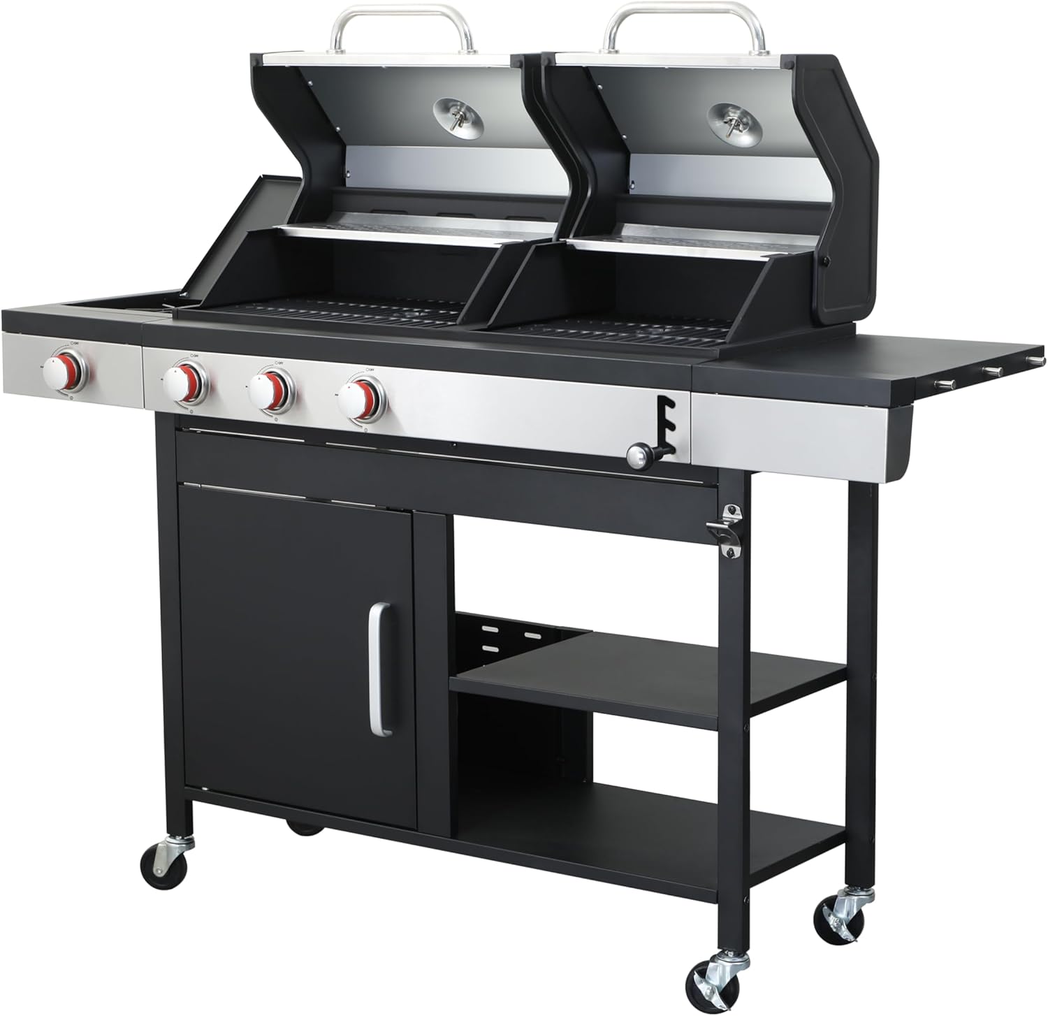 3-Burner Propane Gas BBQ Grill with Charcoal Grill - 37230BTU, Enameled Cast Iron Cooking Grids, Side Burner, Stainless Steel, Outdoor Use (Black+Silver)