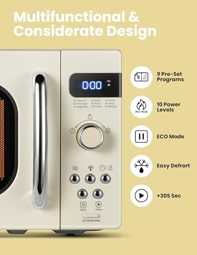 COMFEE' Retro Small Microwave Oven With Compact Size, 9 Preset Menus, Position-Memory Turntable, Mute Function, Countertop Perfect For Spaces, 0.7 Cu Ft/700W, Cream, AM720C2RA-A