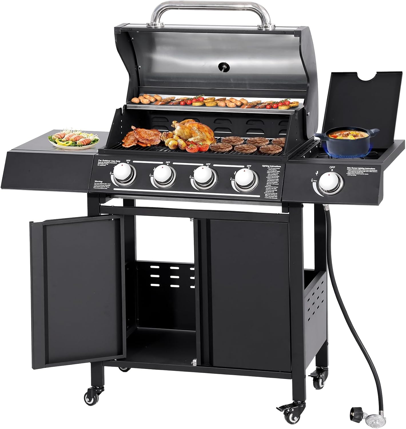 4-Burners Propane Gas Grill with Side Burner, 50,000 BTU Outdoor BBQ Grill, Cast Iron Cooking Grate with Wheels for Outdoor Patio Garden