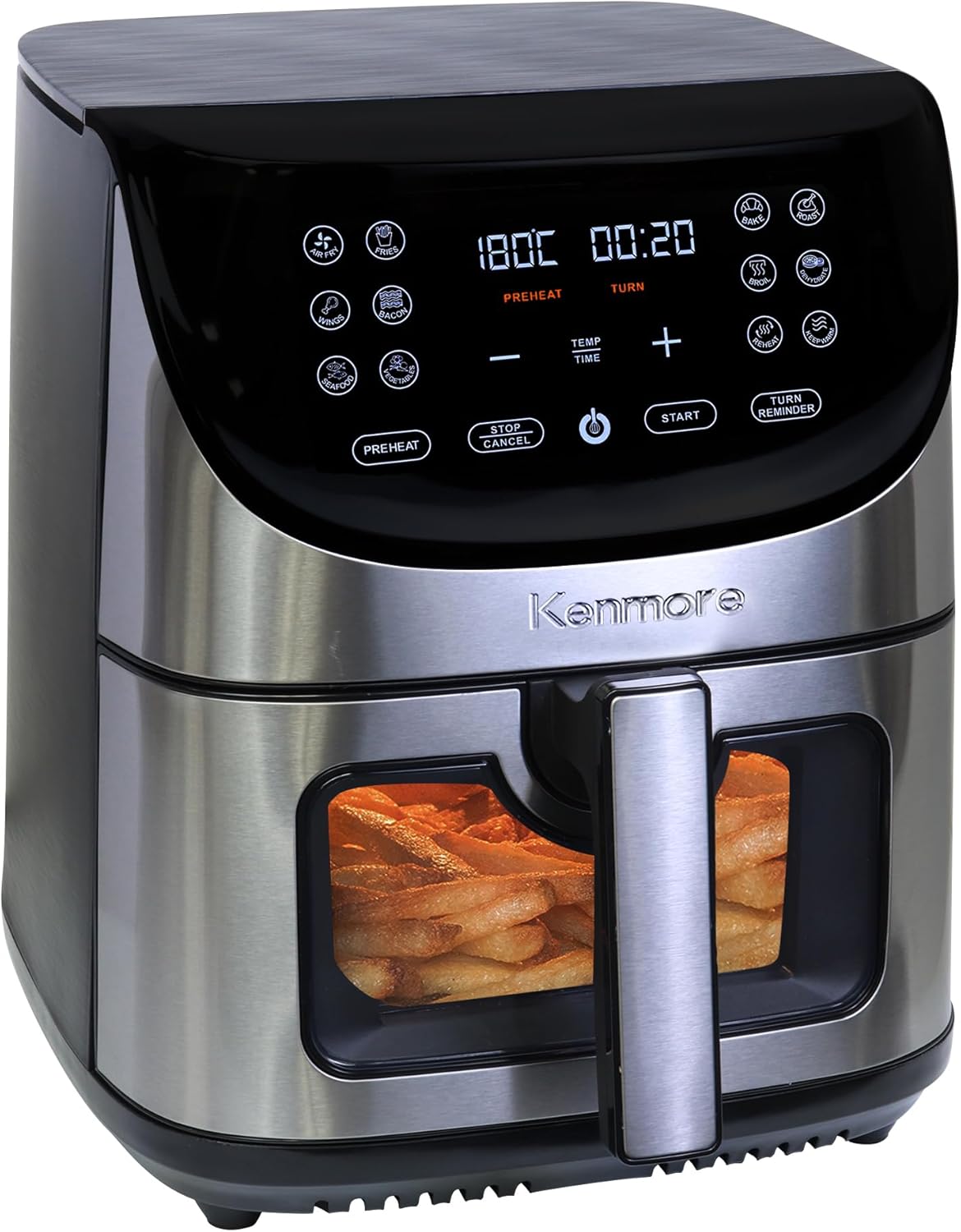 Kenmore Air Fryer - Aerogrill, Non-Stick Frying Basket, French Fry, Digital Touch Screen, 12 Presets, Freidora Eléctrica, Countertop Cooking Kitchen Appliance, Stainless Steel, 8 Quart Black