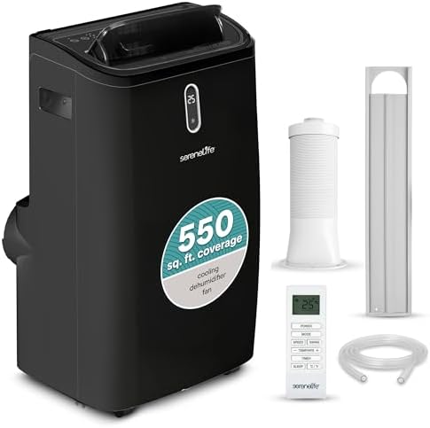 SereneLife Portable Air Conditioner, 12000 BTU Capacity (ASHRAE) Compact Home A/C Cooling Unit with Dehumidifier and Fan Modes, 380 Sq. Ft. Coverage, Includes Window Mount Kit (Black)