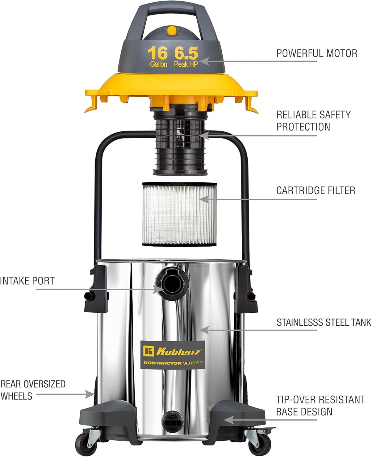 Koblenz Contractor Wet Dry Vacuum Cleaner, Stainless Steel Vacuum with Quiet Motor, 16 Gallon/6.5 HP Powerful Vacuum, Jobsite Vacuum with Pull Handle, Accessories Included, Gray+Yellow
