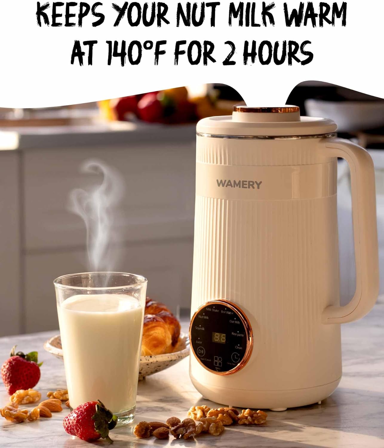 Wamery 32oz Nut Milk Maker Machine - Plant‑Based Milk Maker for Almond, Oat & Soy, Automatic Heated Programs, Self‑Cleaning, Delay Start, Keep Warm & Boil Water, 1‑Liter Capacity with Starter Kit