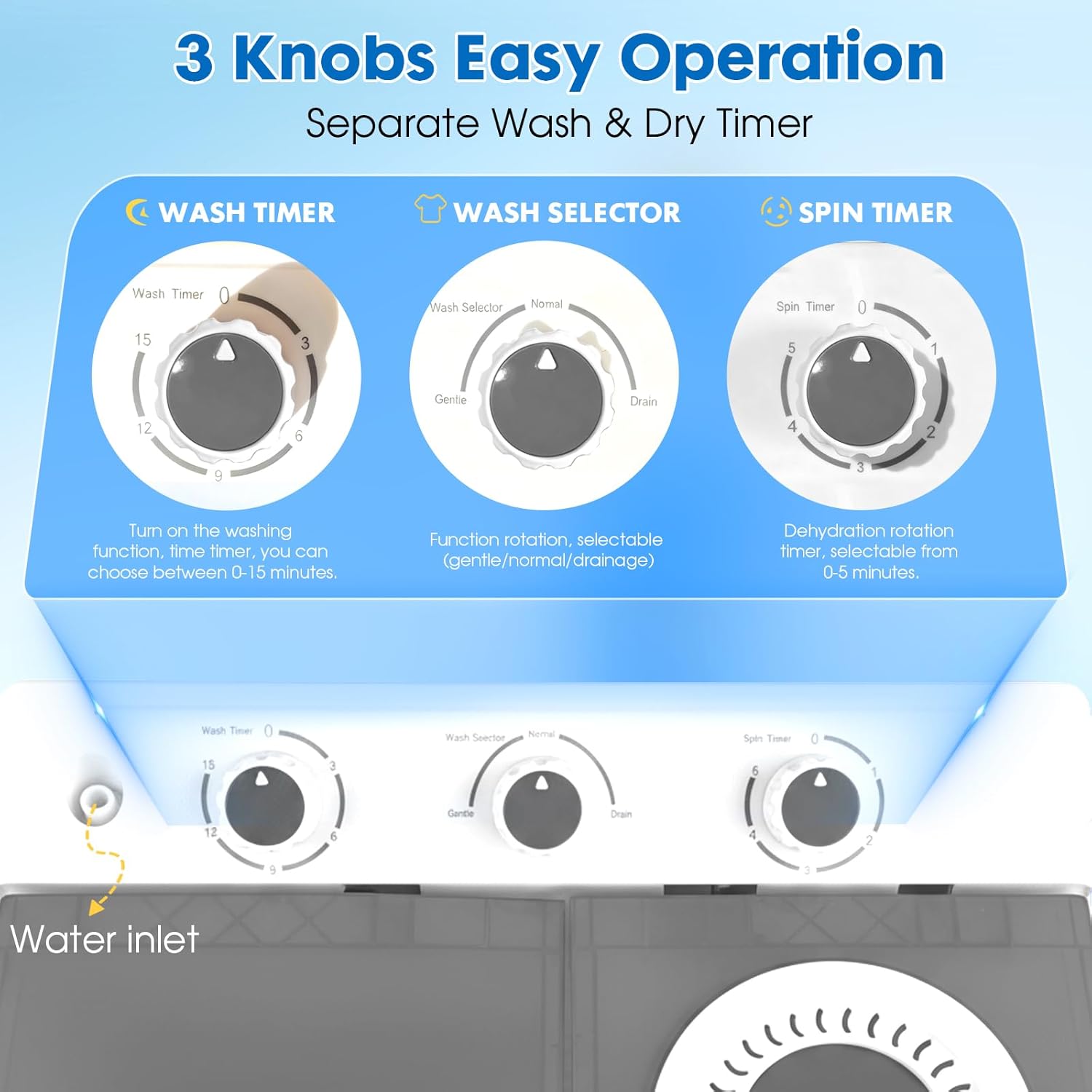 Portable Washing Machine Twin Tub - 14lbs Compact Washer (9,5lbs) and Spinner Dryer (4.5lbs) Combo with Drain Pump - Semi Automatic Washing Machine for Apartments, Dorms, RVs, Camping - Grey