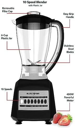 EUROSTAR EBL820BK 450W 10-Speed Plastic Jar Blender, Black