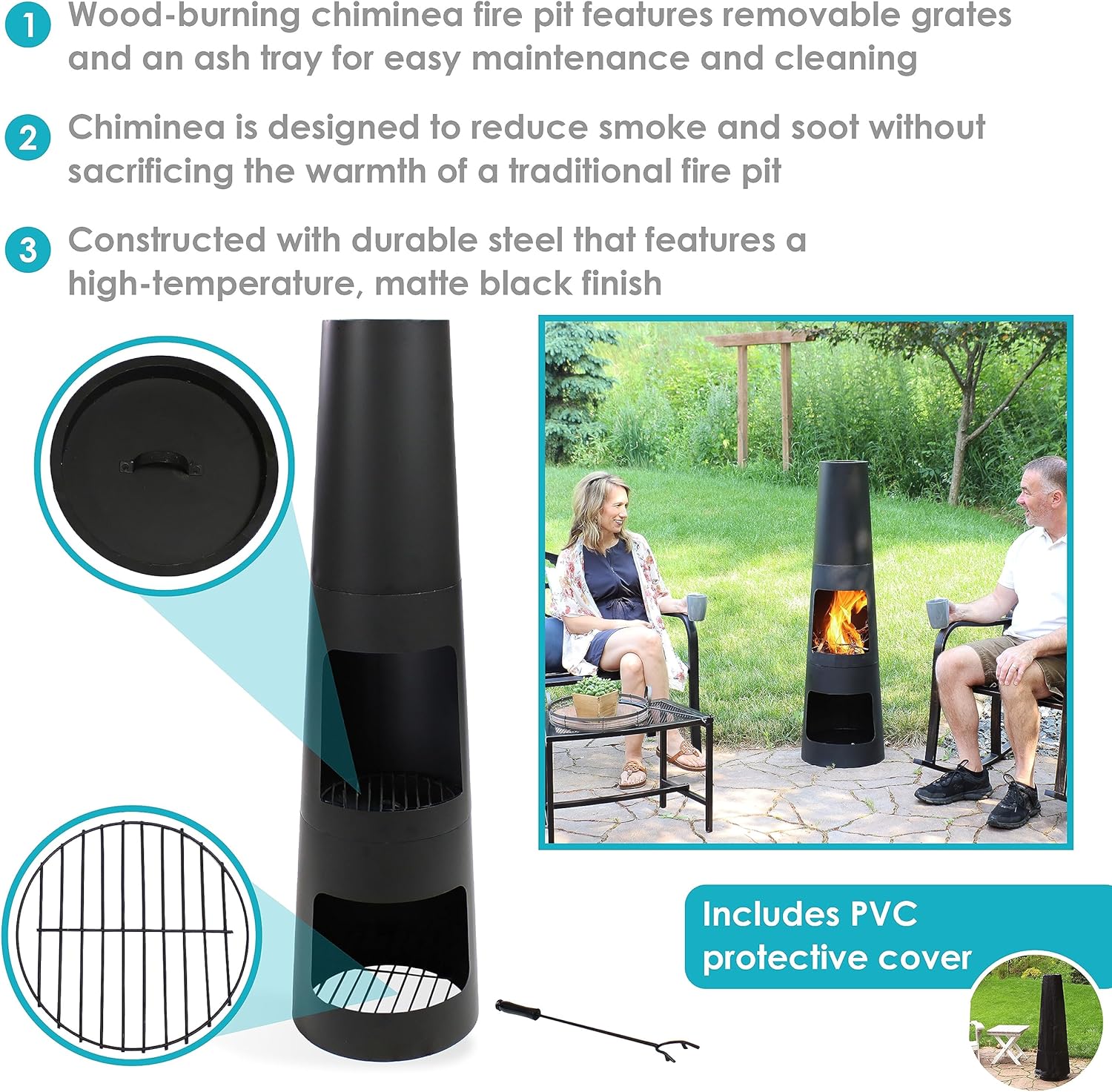 Sunnydaze Chiminea Outdoor Fireplace - Chiminea Fire Pit with Poker and Cover - Outdoor Wood-Burning Fire Pit - Black