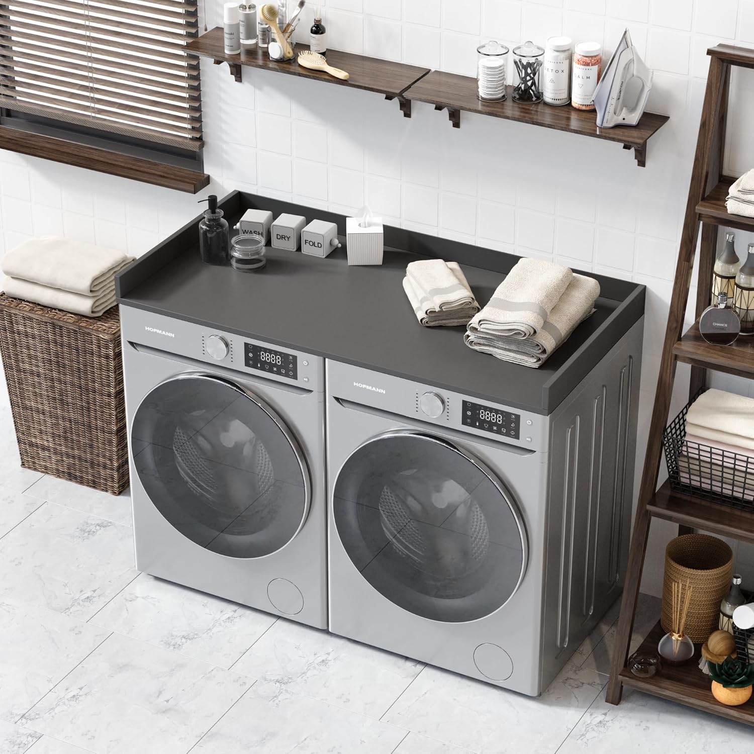 OfficeSimpli Washer Dryer Countertop, Made in USA, Non-Slip Pads, Easy Clean, Laundry Room Essentials and Decor, Washer Dryer Wood Top for Organization (Slate Grey, Standard (27.5