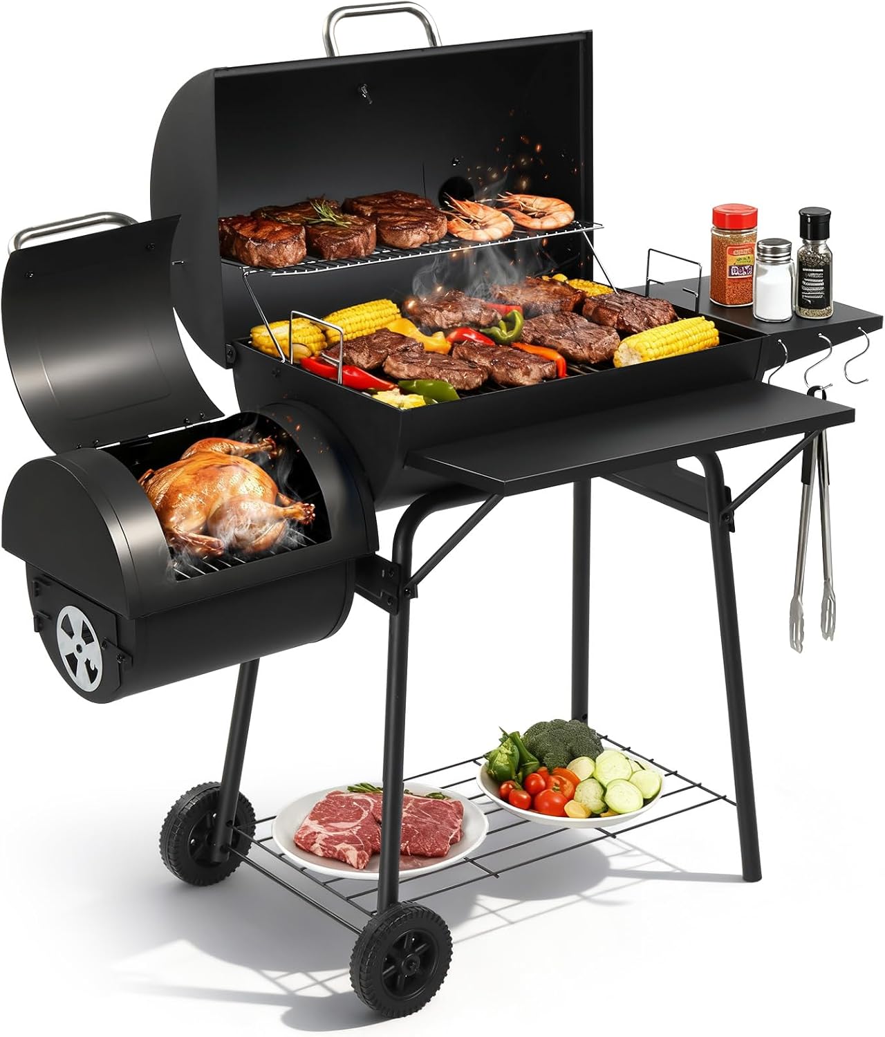 VINGLI Barrel Charcoal Grill with Offset Smoker, Built-in Lifting Carbon Mesh, Large Charcoal Barbecue Smoker Grill Combo for Outdoor Backyard Patio Camping Parties 52 × 20 × 44 inch