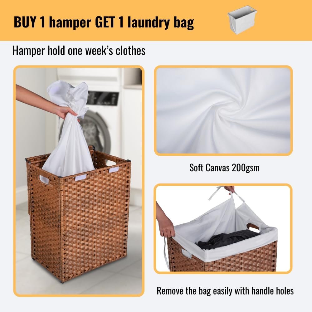 Large 100L Laundry Hamper with Lid - Foldable Clothes Basket with Removable Washable Bag, Durable PE Wicker & Steel Frame Organizer for Bedroom